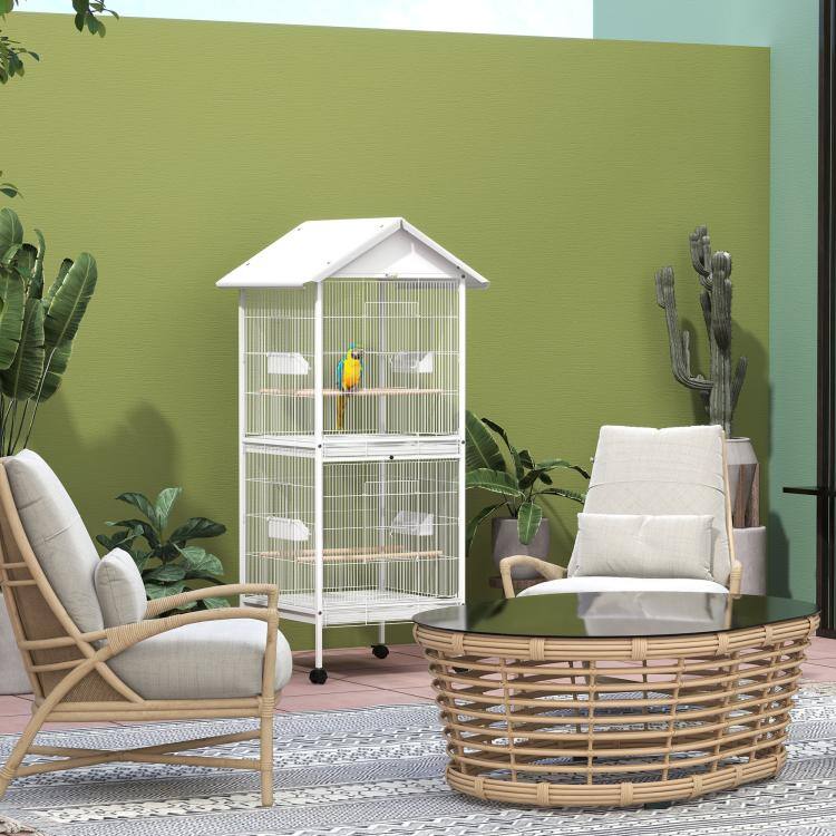 PULUZ Wrought Metal Bird Cage Feeder with Rolling Stand Perches Food ...