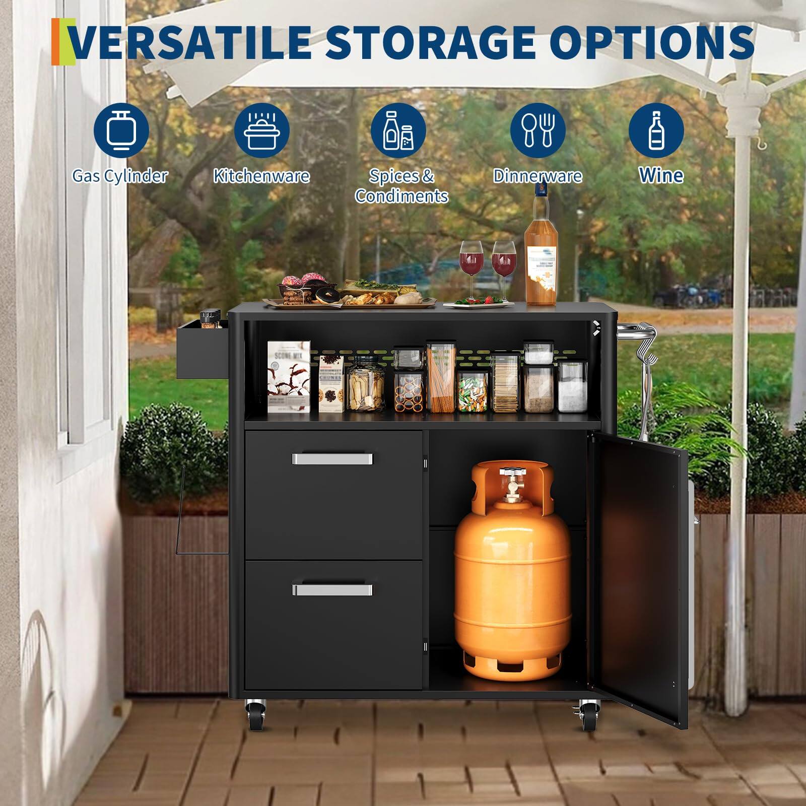 VERSATILE STORAGE OPTIONS

- Gas Cylinder
- Kitchenware
- Spices & Condiments
- Dinnerware
- Wine