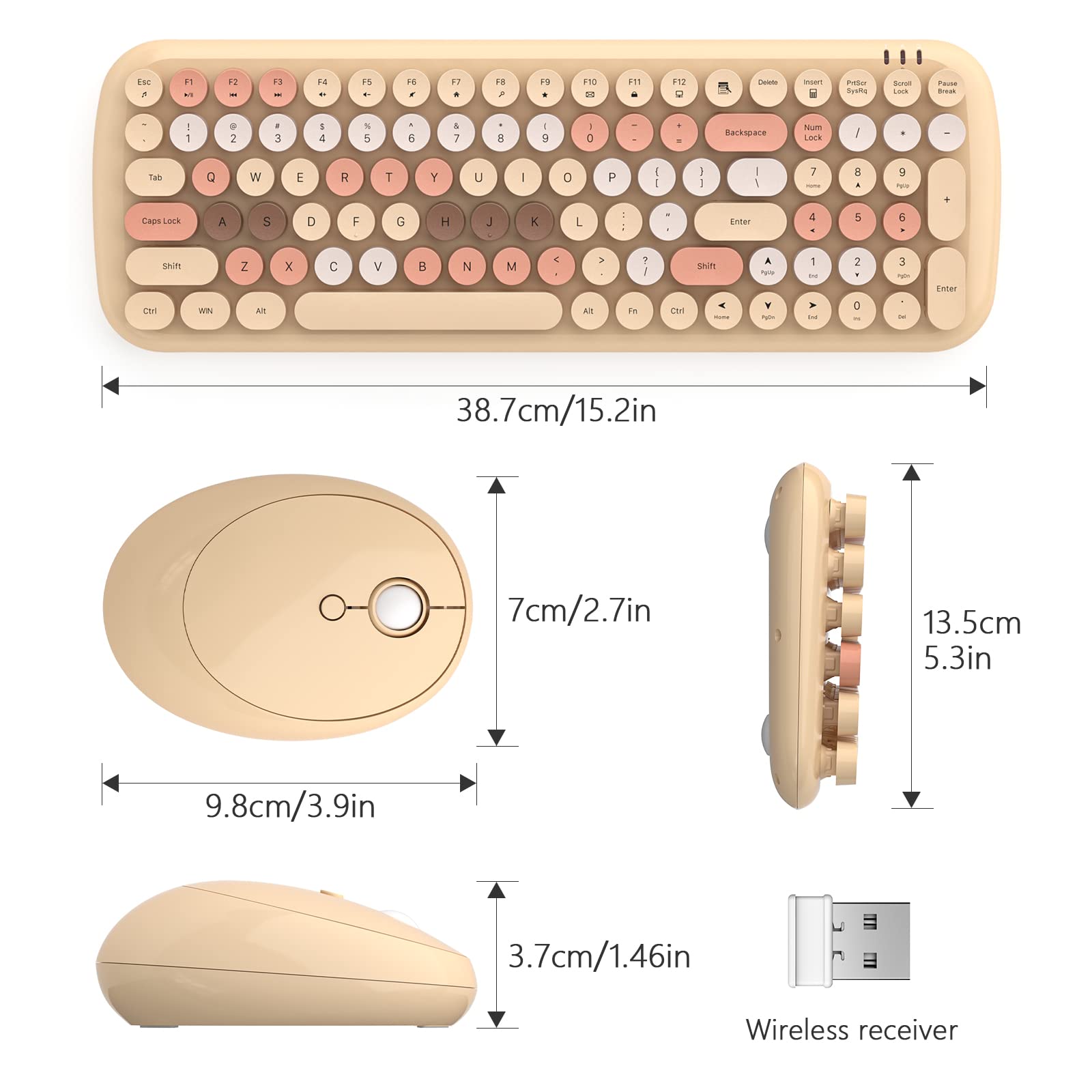 - Keyboard: 38.7 cm / 15.2 in
- Mouse: 9.8 cm / 3.9 in
- Wireless receiver: 3.7 cm / 1.46 in
- Mouse pad: 7 cm / 2.7 in
- Mouse: 13.5 cm / 5.3 in