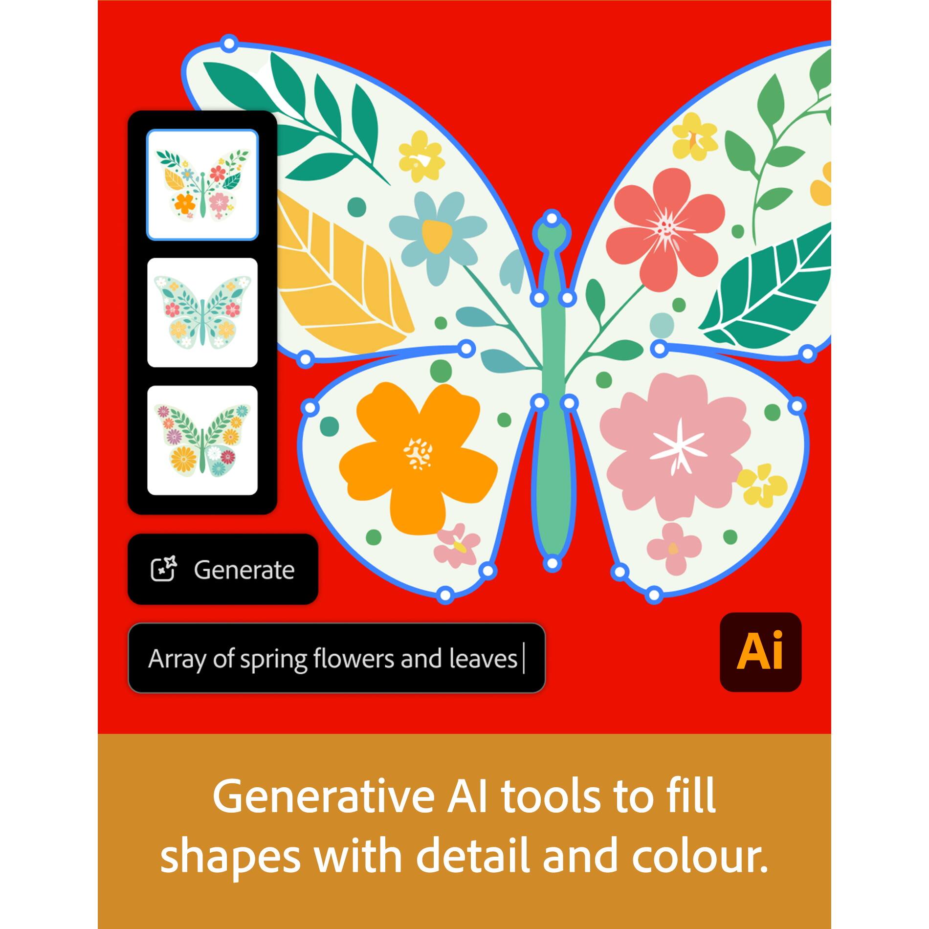 Generate Array of spring flowers and leaves  
Generative AI tools to fill shapes with detail and colour.