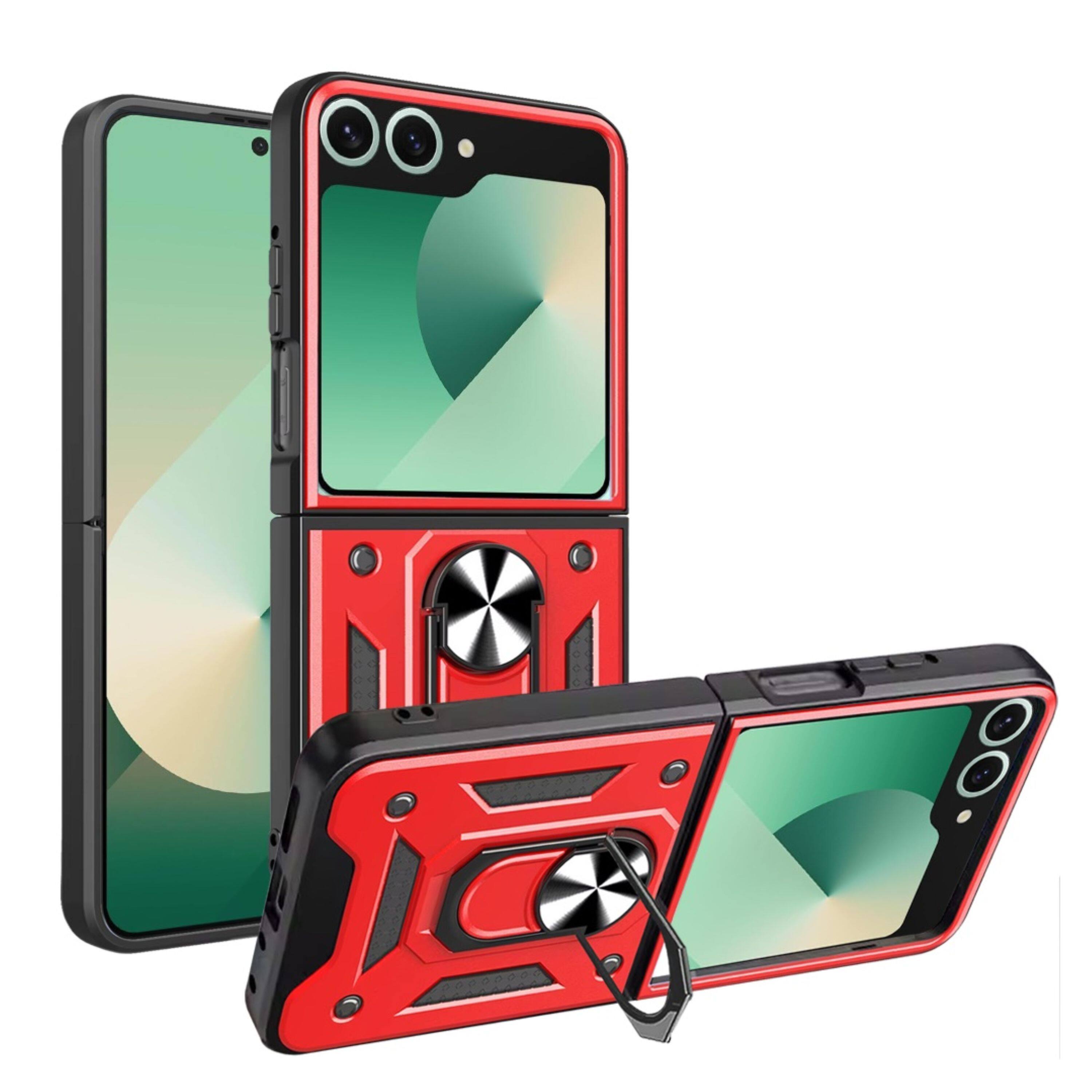 Front. Kitcheniva - Camera Lens Shield Case With Magnetic Ring Stand & Tempered Glass For Samsung Galaxy Z Flip 7 Red - Red.