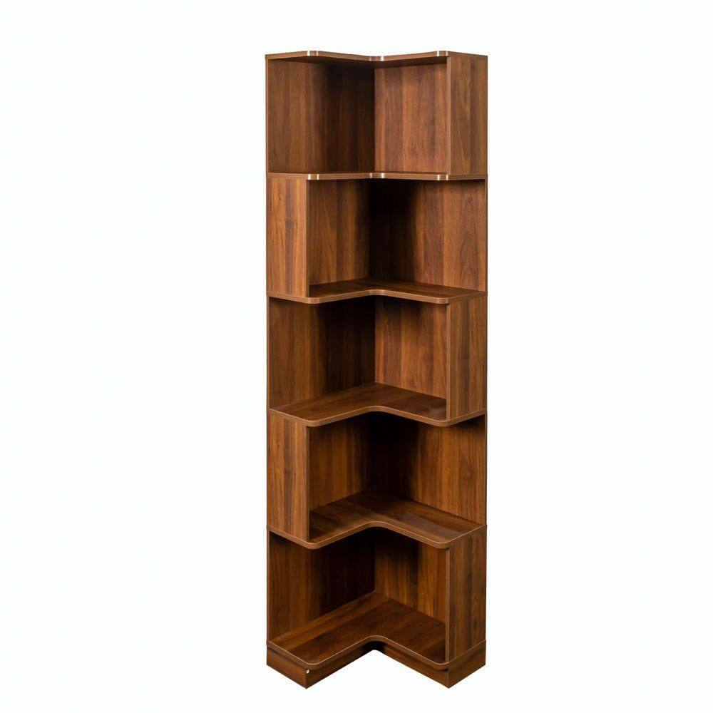 Alt View 2. Kadyn - Corner Book Shelf - 5 Tier Corner Bookcase with Baffle, Freestanding L Shaped Display Shelf Stand for Office, Brown - Brown.