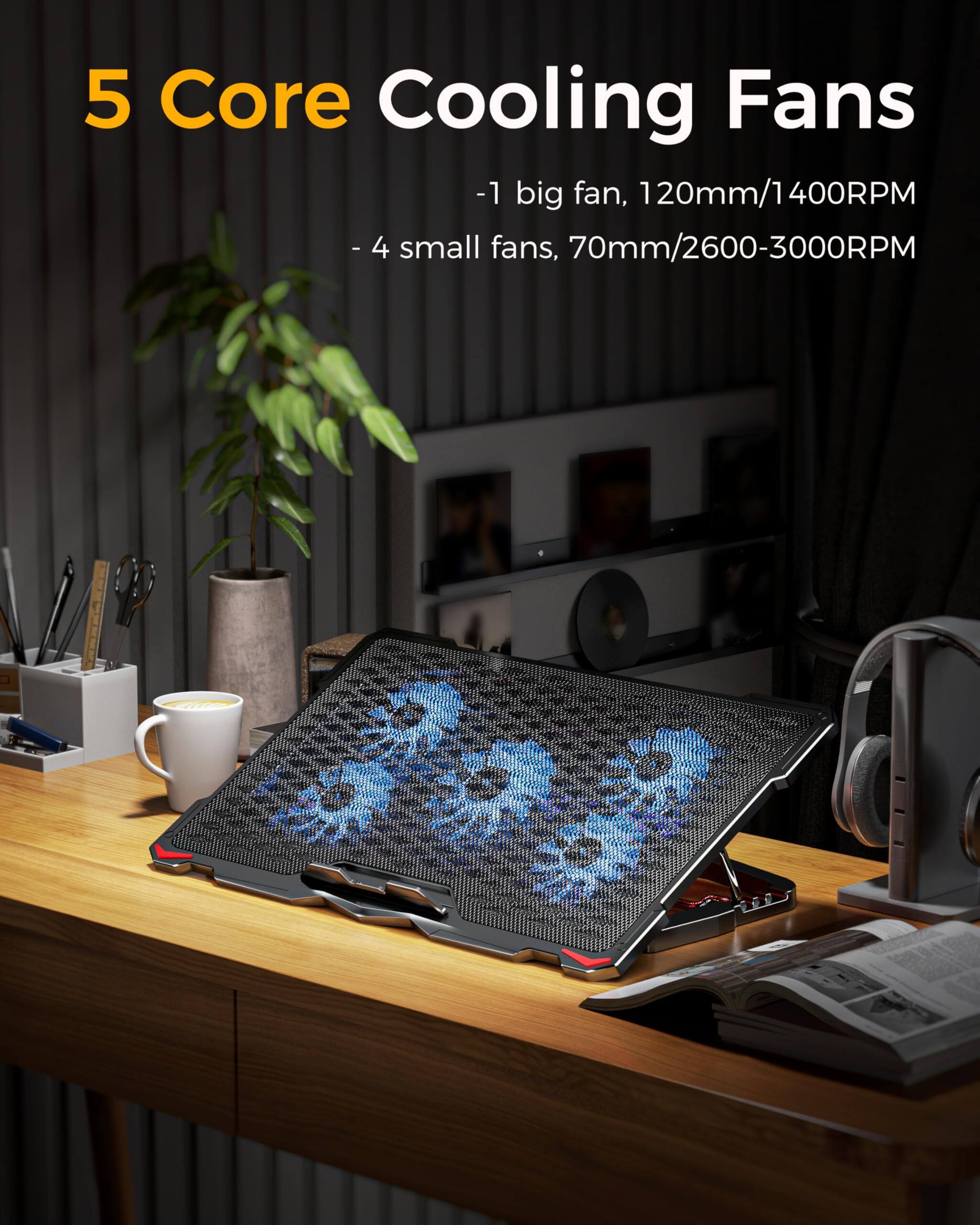 5 Core Cooling Fans  
- 1 big fan, 120mm/1400RPM  
- 4 small fans, 70mm/2600-3000RPM