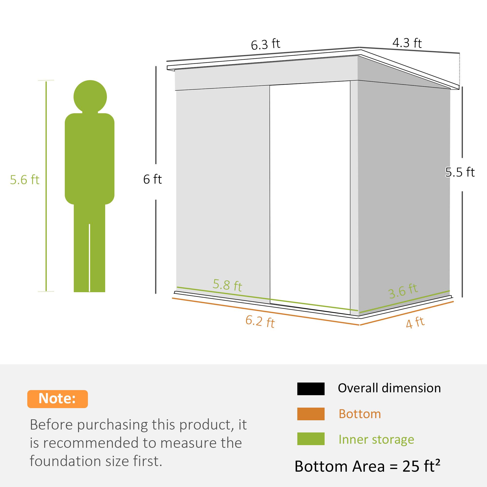 6.3 ft, 4.3 ft, 5.6 ft, 6 ft, 6 ft, 5.5 ft, 5.8 ft, 6.2 ft, 3.6 ft, 4 ft

Note: Before purchasing this product, it is recommended to measure the foundation size first.
Overall dimension
Bottom
Inner storage
Bottom Area = 25 ft²