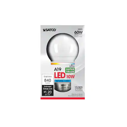 SATCO S9595 60W REPLACEMENT MP EEMPLAZA - REMPLACEMENT 5000K A19 SUPER VALUE Brightness LED 10W 840 NATURAL LIGHT lumens Estimated Energy Cost $1.20 per year 15,000 HOURS HORAS/HEURES Medium Base Base Moyen