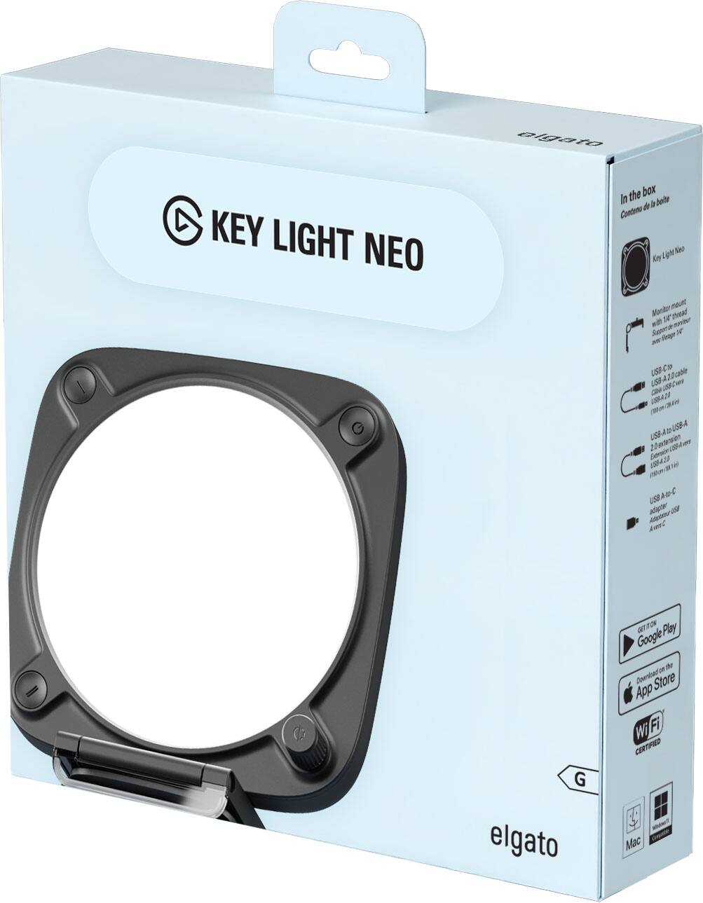 elgato  
KEY LIGHT NEO  
the box In the box Contenu de la boite  
Light Neo Key Monitor mount with 1/4" thread  
Sugarde ileage your  
USBA2.0 cable USBCto USBA2.0 extension USB-Ato-USB-A USB420  
USB adapter  
G elgato  
ON Play GET Google Play on the Download Store App Wi Fi CERTIFIED Mac