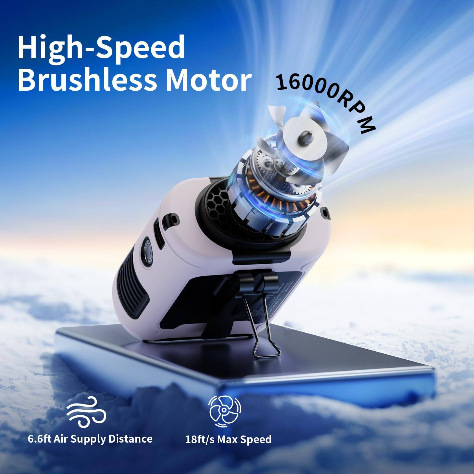 High-Speed Brushless Motor  
16000RPM  
6.6ft Air Supply Distance  
18ft/s Max Speed