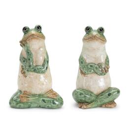 BreeBe - Ceramic Garden Frog Statue (Set of 2) - Green, Beige