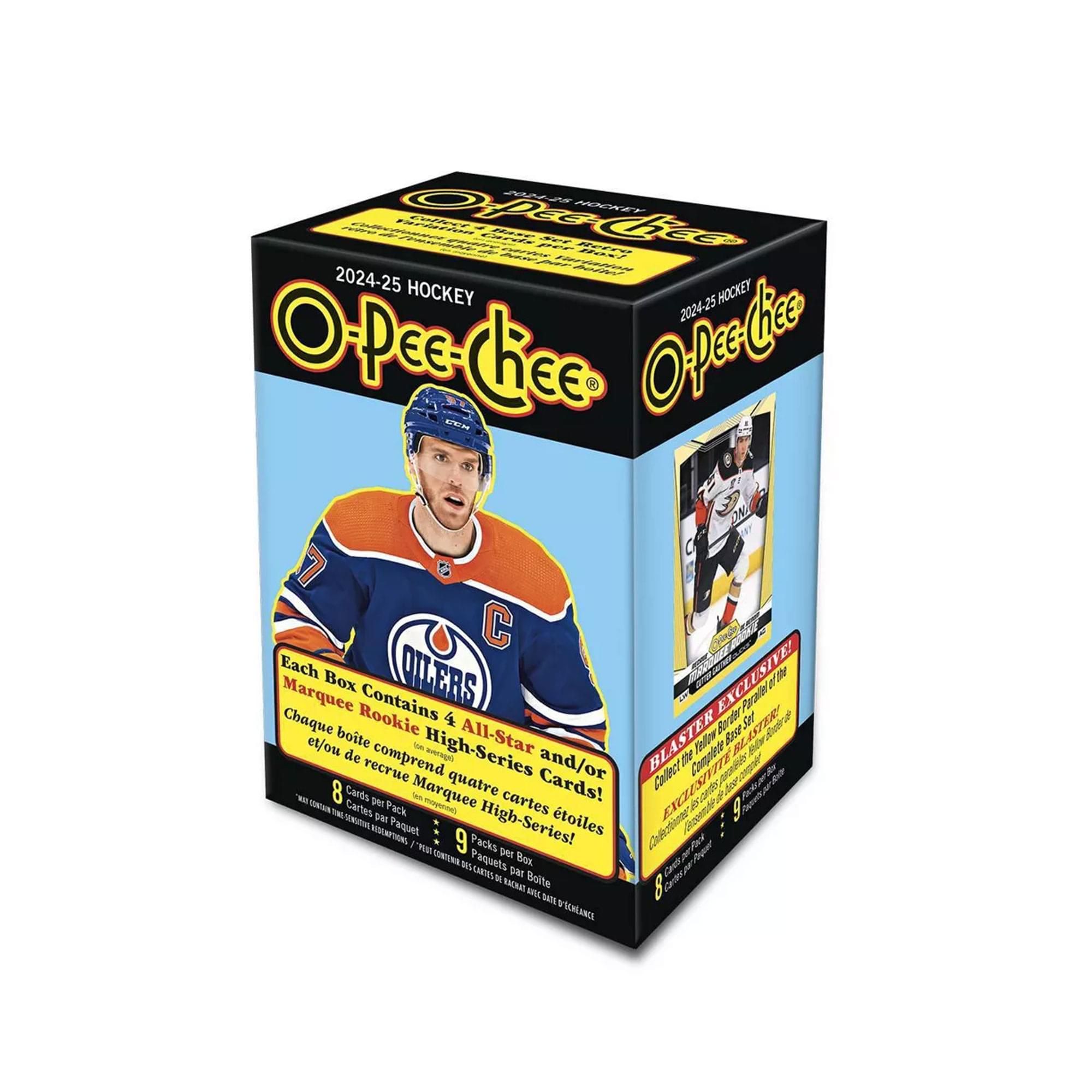 2024-25 HOCKEY  
O-Pee-Chee  

Each Box Contains 4 All-Star Rookie Cards!  
Chaque boite contient 4 cartes de recrue et/ou étoiles!  

BLASTER EXCLUSIVE!  
Collect the Complete Set!  
Collecte le Set Complet!  

8 Cards per Pack  
9 Packs per Box  
8 cartes par paquet  
9 paquets par boîte  

OILERS