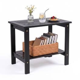 Gymax - Outdoor Eucalyptus Wood Side Table 2-Tier Patio End Table w/Slatted Tabletop - Black