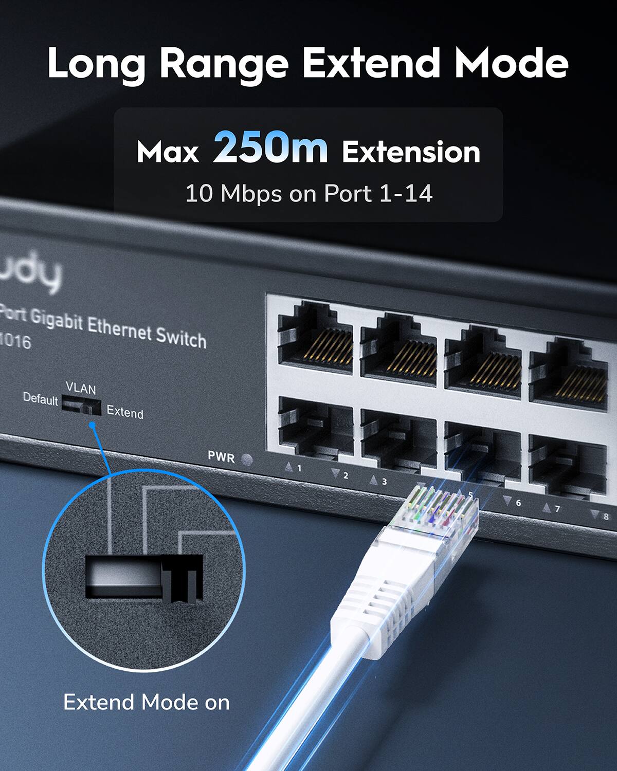 Long Range Extend Mode  
Max 250m Extension  
10 Mbps on Port 1-14  

Port Gigabit Ethernet Switch  
VLAN Default Extend  

PWR 1 2 3 5 AEECEER 6 7 8  

Extend Mode on