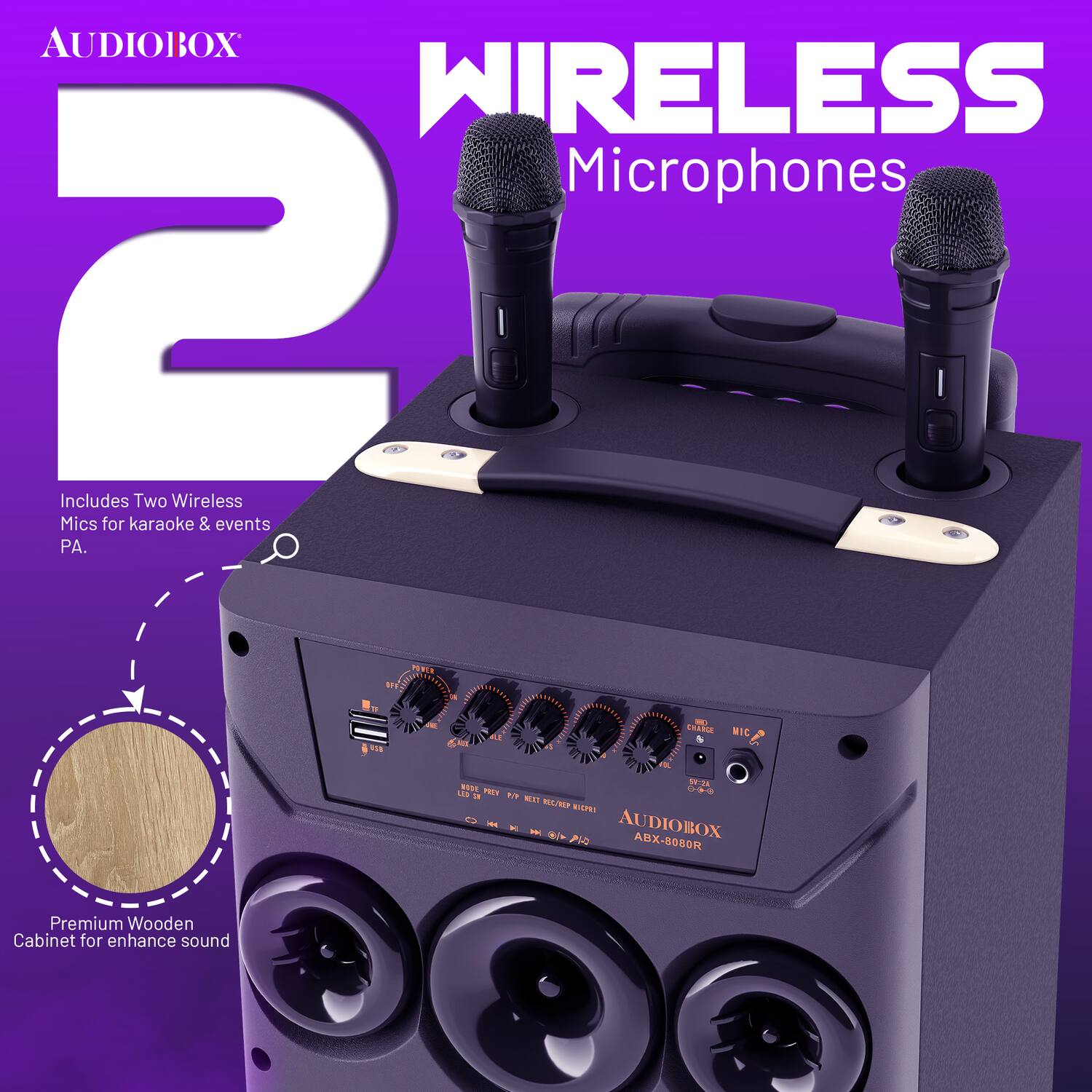 AUDIOBOX WIRELESS Microphones

Includes Two Wireless Mics for karaoke & events PA.

Premium Wooden Cabinet for enhance sound

AUDIOBOX ABX-8080R