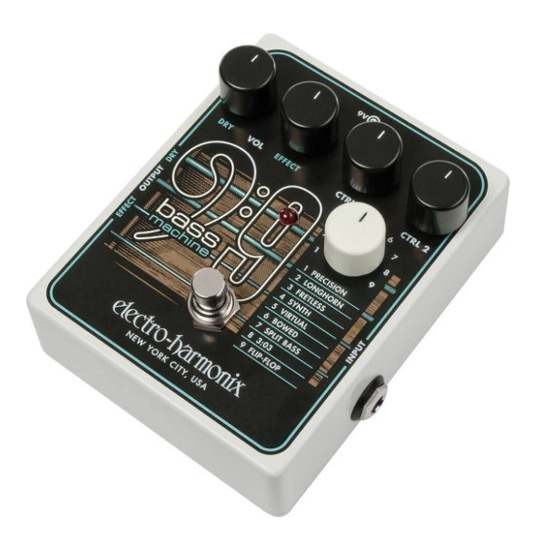 I 9V DRY I VOL DRY EFFECT OUTPUT EFFECT CTR 2t bass 4 3 FRETLESS 2 1 PRECISION 1 I 9 8 WIW 6 7 CTRL 2 5 SYNTH 6 VIRTUAL 7 BOWED NEW 8 SPLIT electro-harmonix 9 3:03 BASS INPUT YORK FLIP-FLOP CITY, USA