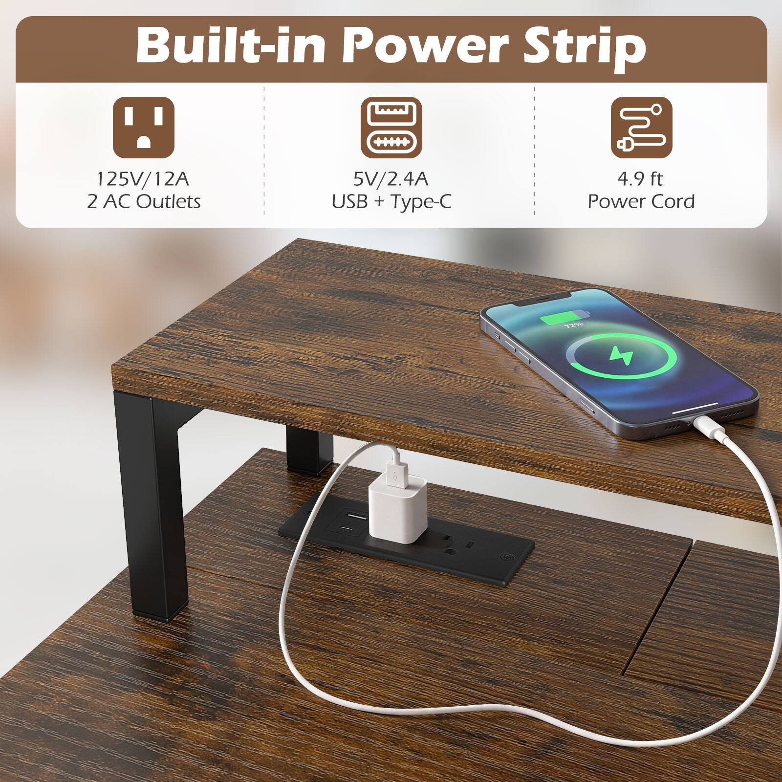 Built-in Power Strip

125V/12A 2 AC Outlets

5V/2.4A USB + Type-C

4.9 ft Power Cord
