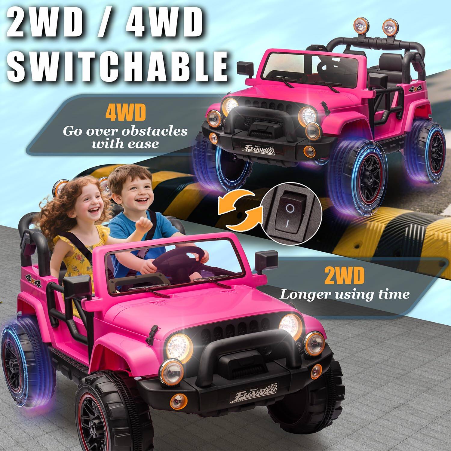 2WD / 4WD SWITCHABLE

4WD
Go over obstacles with ease

2WD
Longer using time