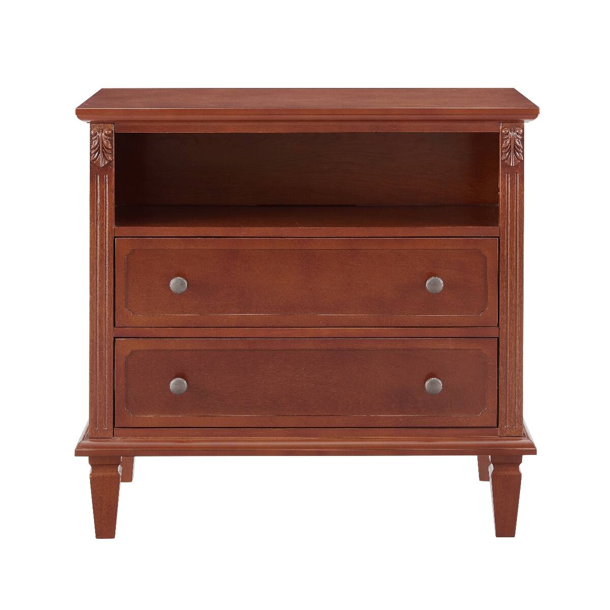 Alt View 3. Loheer - Loheer Nightstand With Charging Station, Walnut Two Drawer Bedside Table With Open Shelf - Walnut.