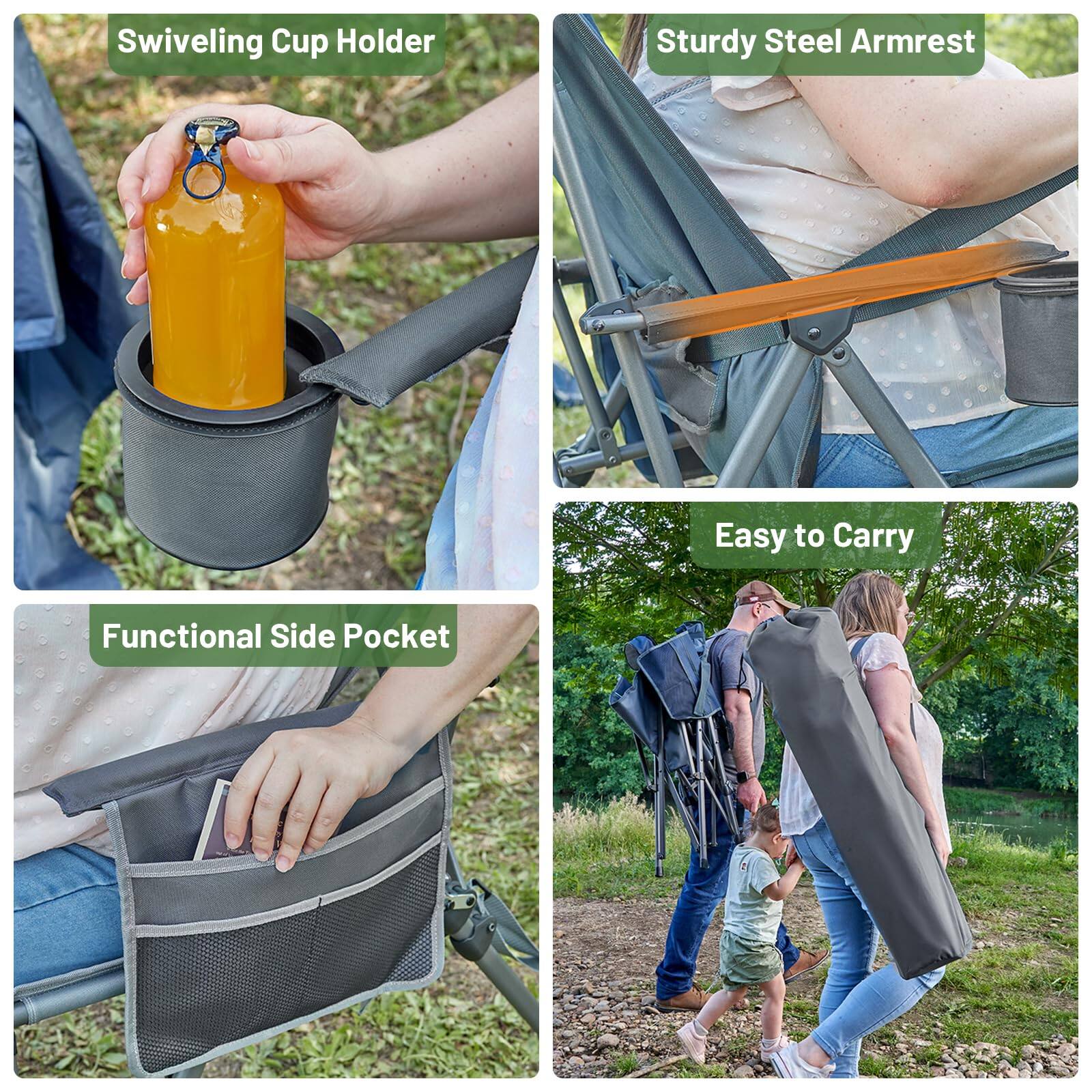 - Swiveling Cup Holder
- Sturdy Steel Armrest
- Functional Side Pocket
- Easy to Carry