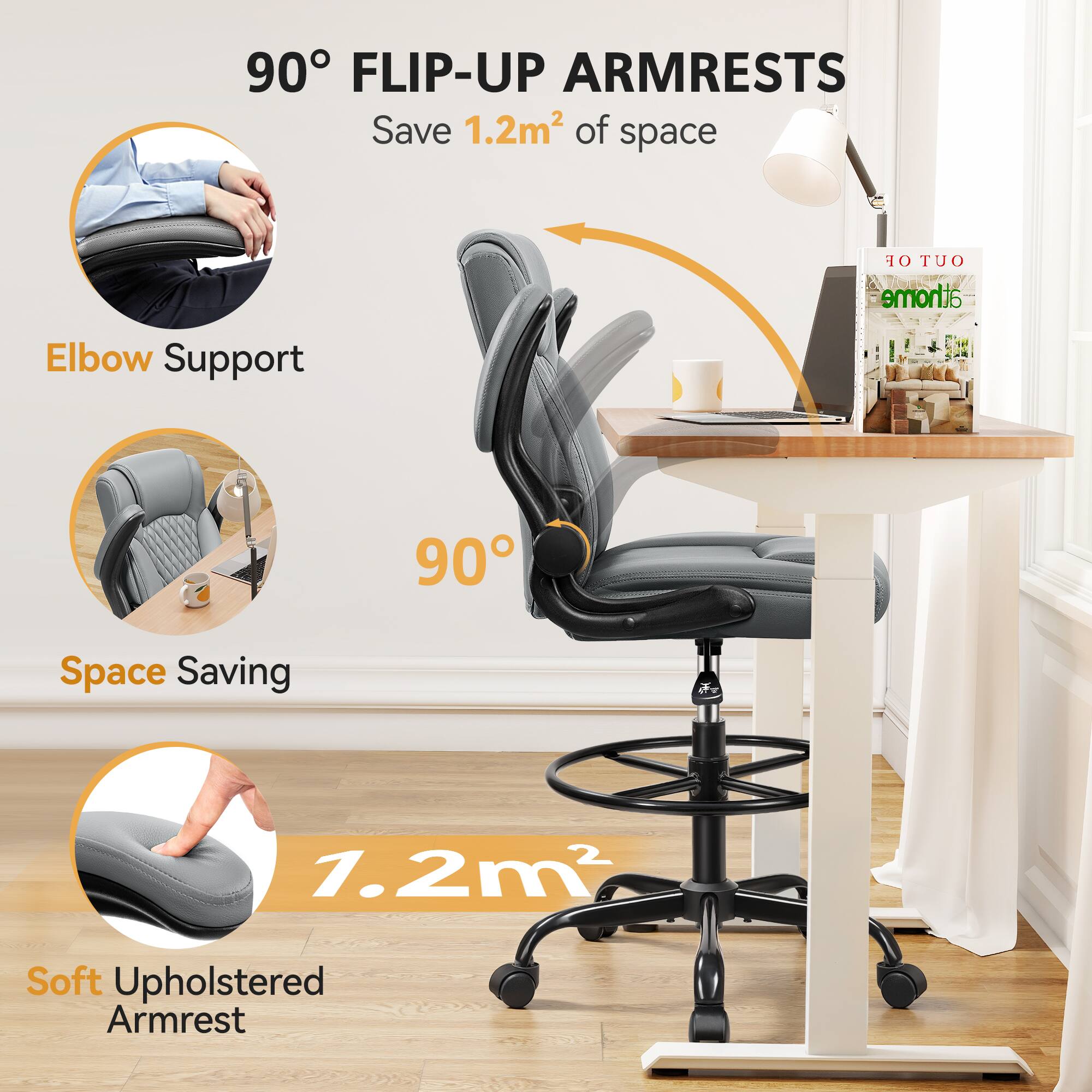 90° FLIP-UP ARMRESTS  
Save 1.2m² of space  
Elbow Support  
90°  
Space Saving  
1.2m²  
Soft Upholstered Armrest