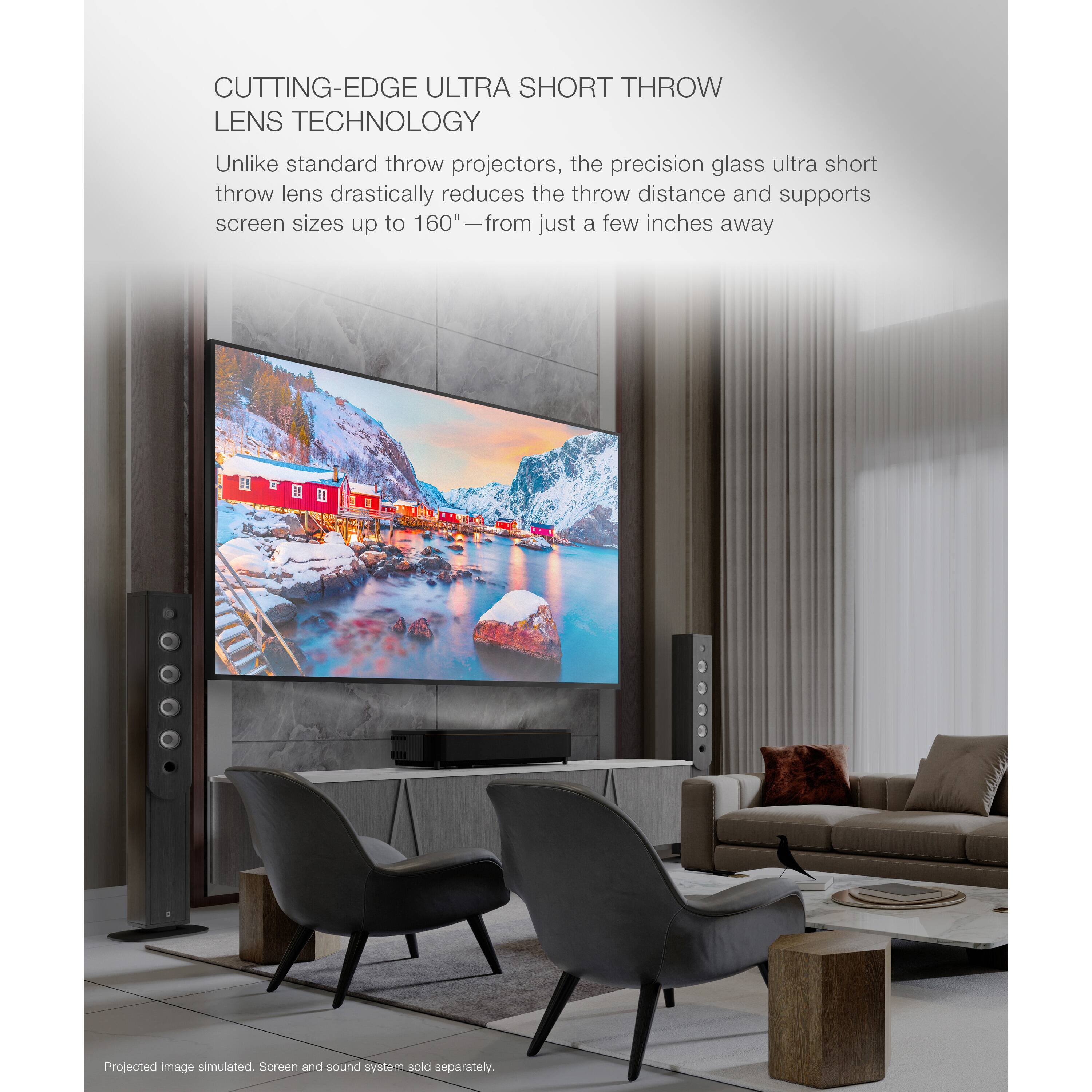 Cutting-Edge Ultra Short Throw Lens Technology Unlike standard throw projectors, the precision glass ultra short throw lens drastically reduces the throw distance and supports screen sizes up to 60" - from just a few inches away. Projected image simulated. Screen and sound system sold separately.