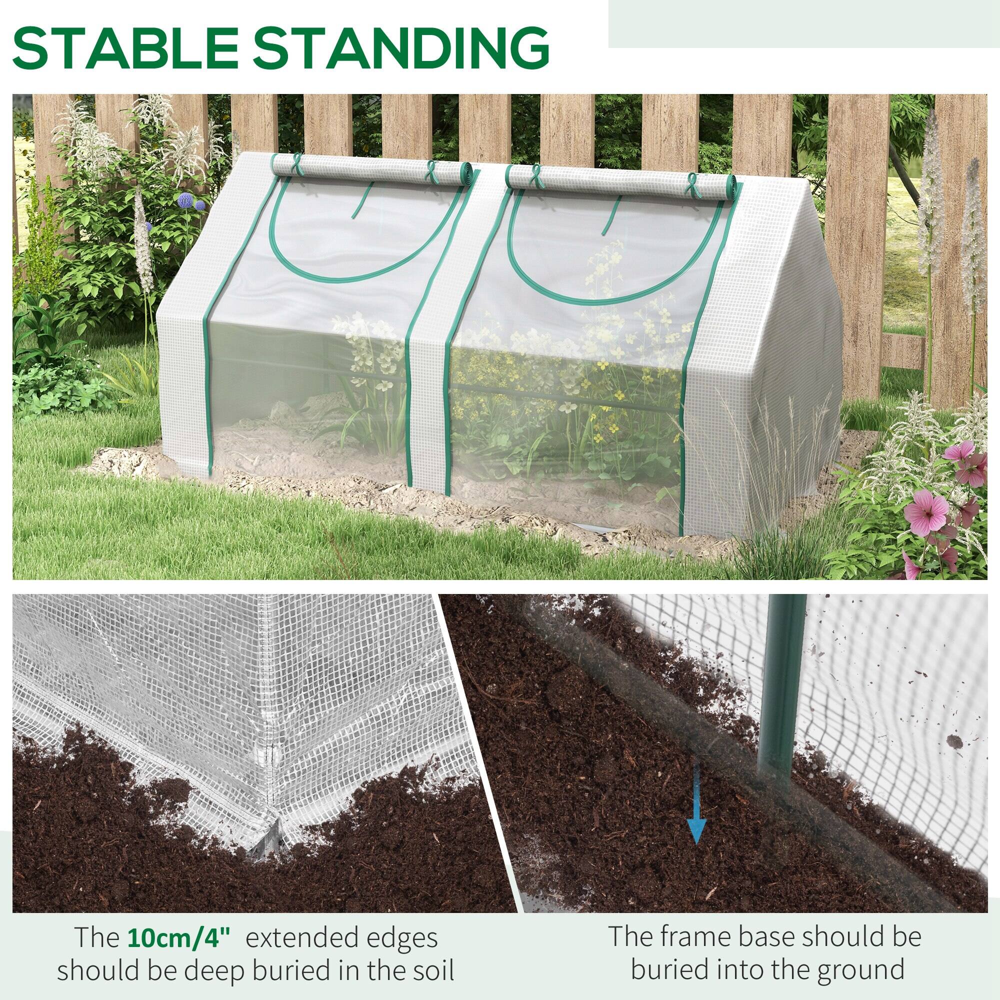 STABLE STANDING

The 10cm/4" extended edges should be deep buried in the soil

The frame base should be buried into the ground