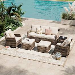 Yardgrace - 6-Piece Patio Set w/ Swivel Rocking Chairs, Outdoor Wicker Sofa, Waterproof Cushions for Backyard Lawn Porch - Brown
