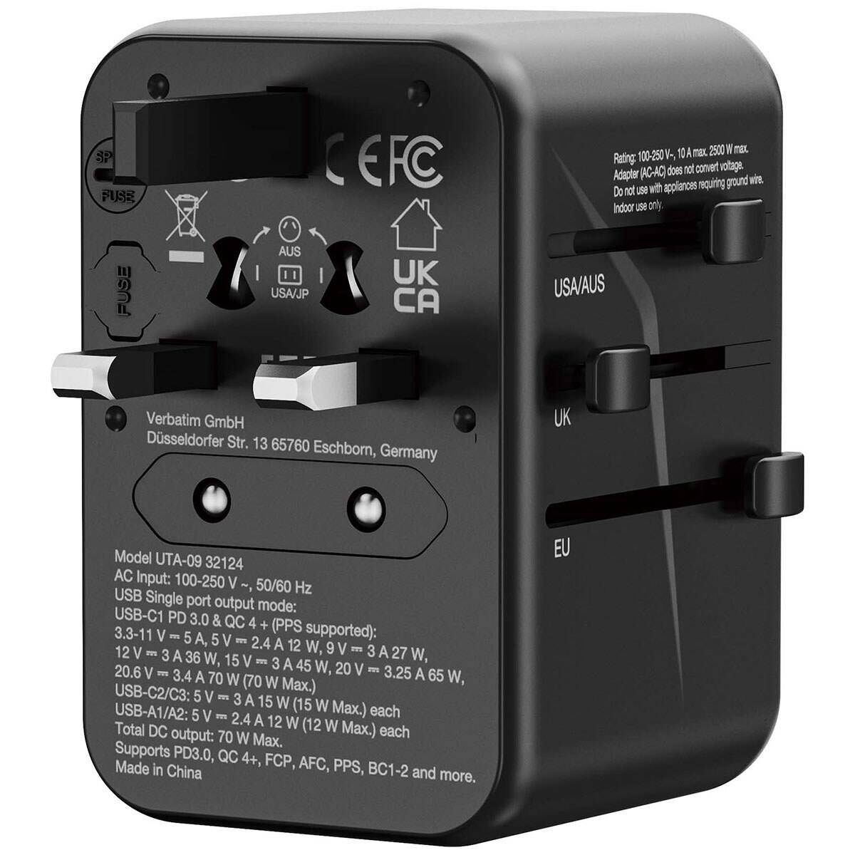 SP FUSE FUSE  
CEFC AUS UK USA/JP CA  
10A max. 2500 W max. Rating: 100-250V-, (AC-AC) does not convert voltage. Adapter ground wire. Not use with appliances requiring ground wire. Indoor use only.  
Verbatim GmbH Düsseldorf Str. 13 65760 Eschborn, Germany  
Model UTA-09 32124  
AC Input: 100-250 V 50/60 Hz  
USB Single port output mode: USB-C1 PD 3.0 & QC 4+ (PPS supported): 3.3-11 V = 5 A, 12 W, 9 V = 3 A 27 W, 15 V = 3 A 45 W, 20 V = 3.25 A 65 W (70 W Max.)  
USB-C2/C3: 5 V = 3 A 15 W  
USB-A1/A2: (15 W Max.) each 5 V = 2.4 A 12 W
