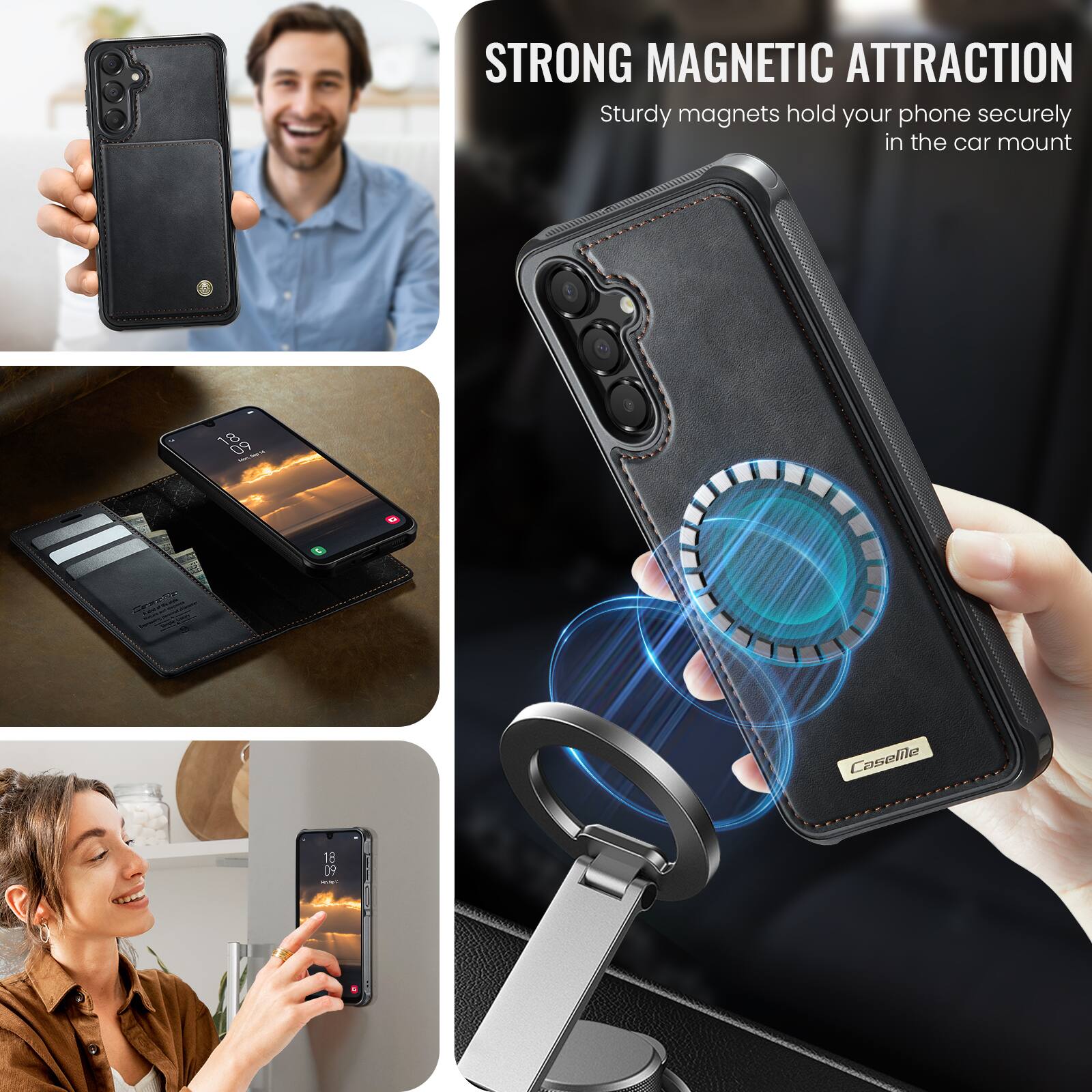 STRONG MAGNETIC ATTRACTION  
Sturdy magnets hold your phone securely in the car mount