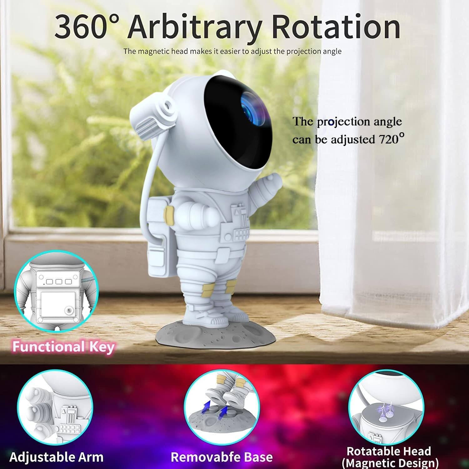 360° Arbitrary Rotation  
The magnetic head makes it easier to adjust the projection angle

The projection angle can be adjusted 720°

Functional Key

Adjustable Arm

Removable Base

Rotatable Head (Magnetic Design)