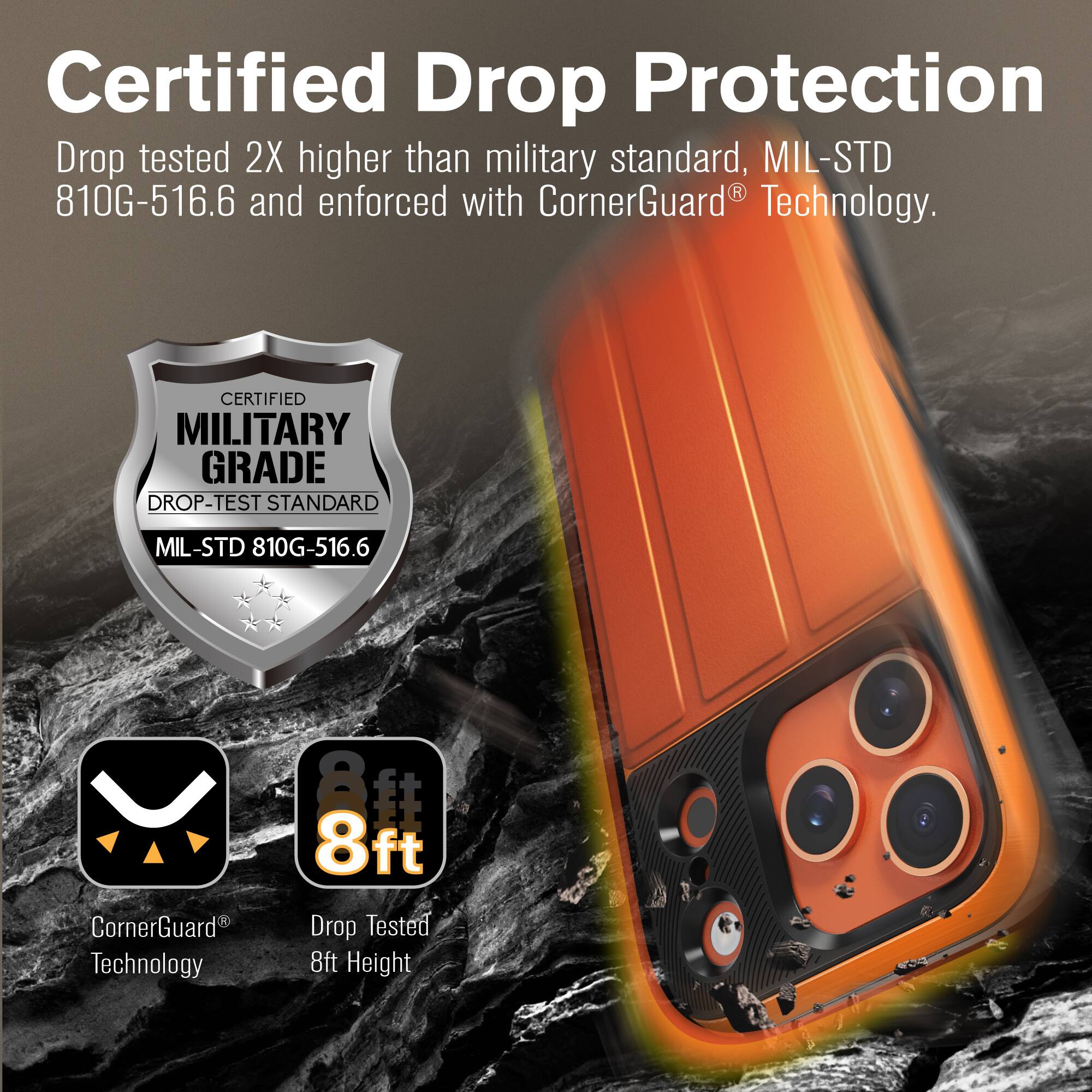 Certified Drop Protection  
Drop tested 2X higher than military standard, MIL-STD 810G-516.6 and enforced with CornerGuard® Technology.  

CERTIFIED MILITARY GRADE DROP-TEST STANDARD  
MIL-STD 810G-516.6  

CornerGuard® Technology  
8ft Drop Tested  
8ft Height