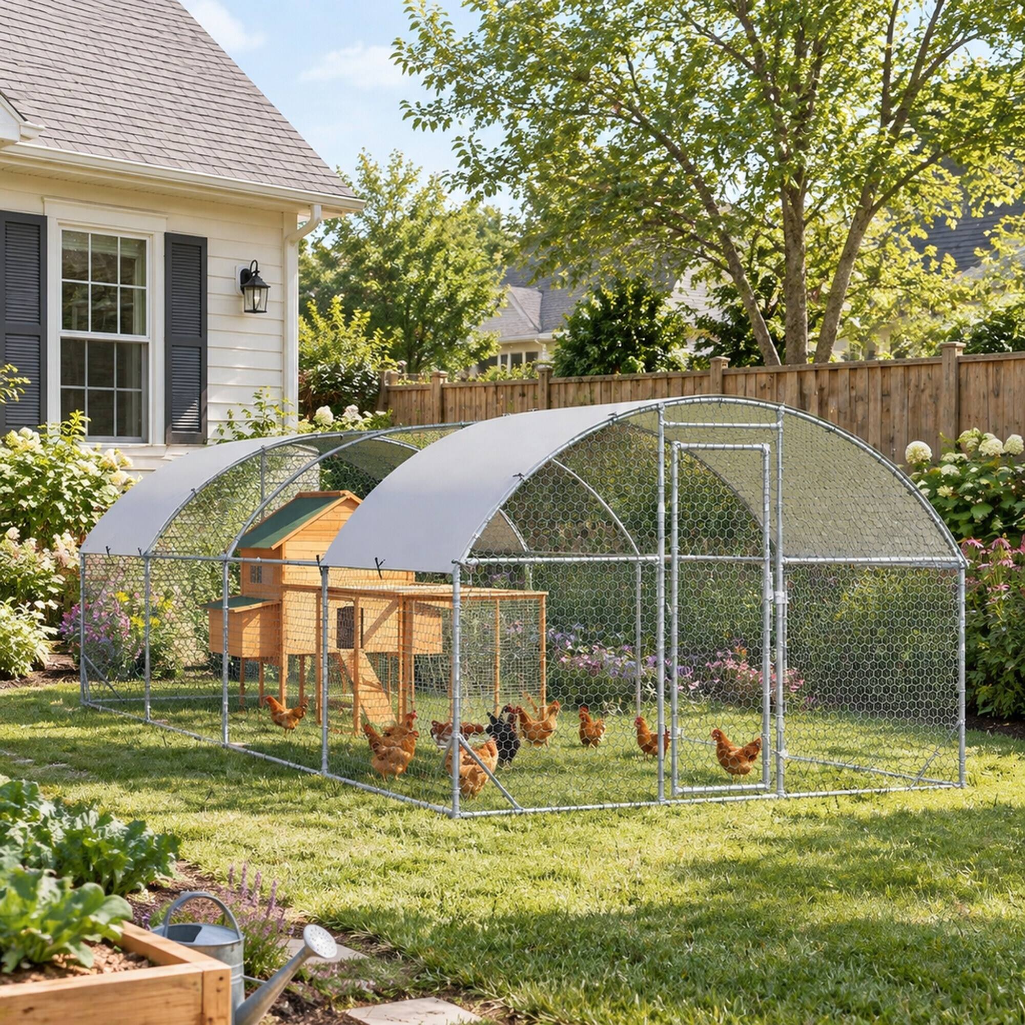 Back. RYHNUYNE - 9.2 ft x 24.9 ft Metal Chicken Coop, Walk-In Design, Galvanized Steel Frame, Oxford Cloth Roof for Yard and Outdoor Use.