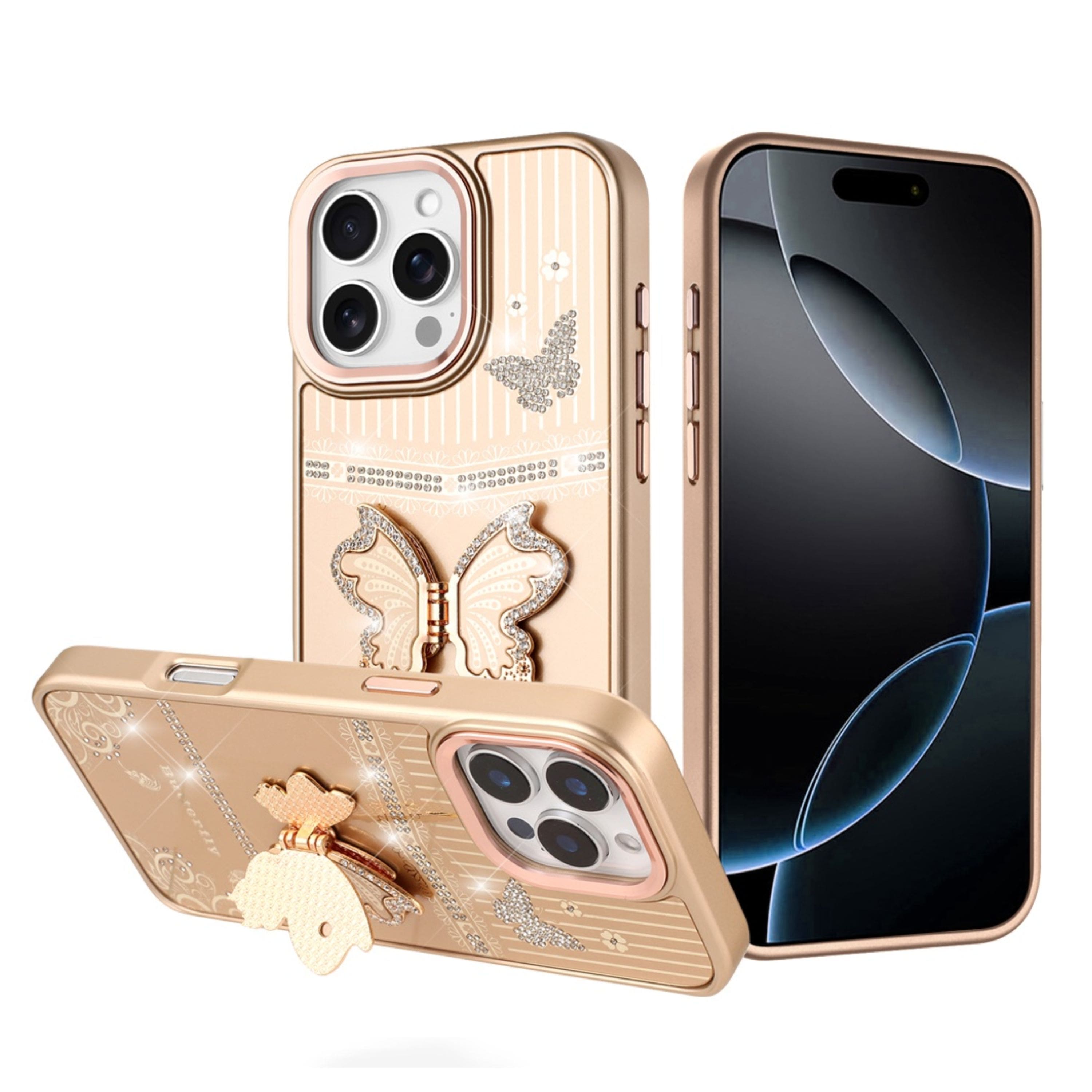 Kitcheniva - 3D Butterfly Bling Charm Stand Phone Case With Tempered Glass For iPhone 16 Pro Max - Gold