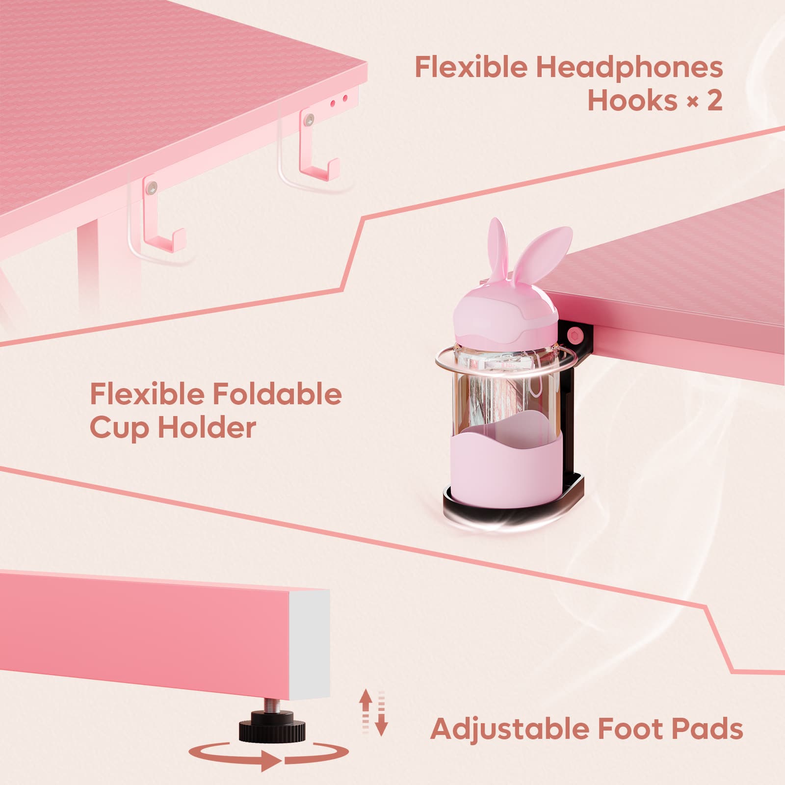 Flexible Headphones Hooks x 2, Flexible Foldable Cup Holder, Adjustable Foot Pads