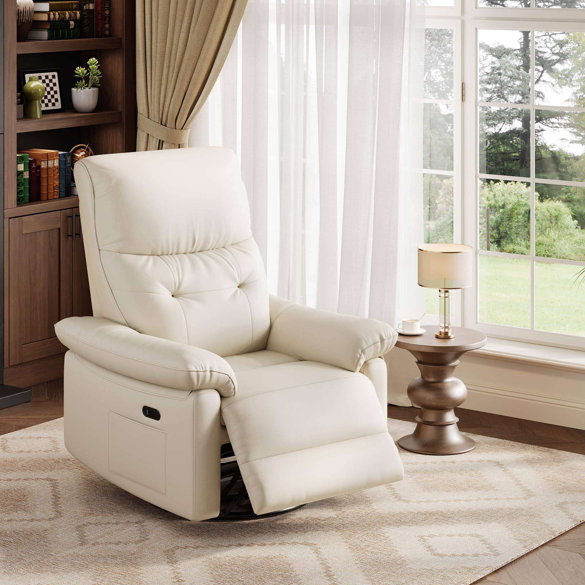 Alt View 7. Jojoka - Power Recliner Chair, Swivel Nursery Rocker Recliner with USB Ports, PU Leather Recliner with Lumbar Support - Beige.