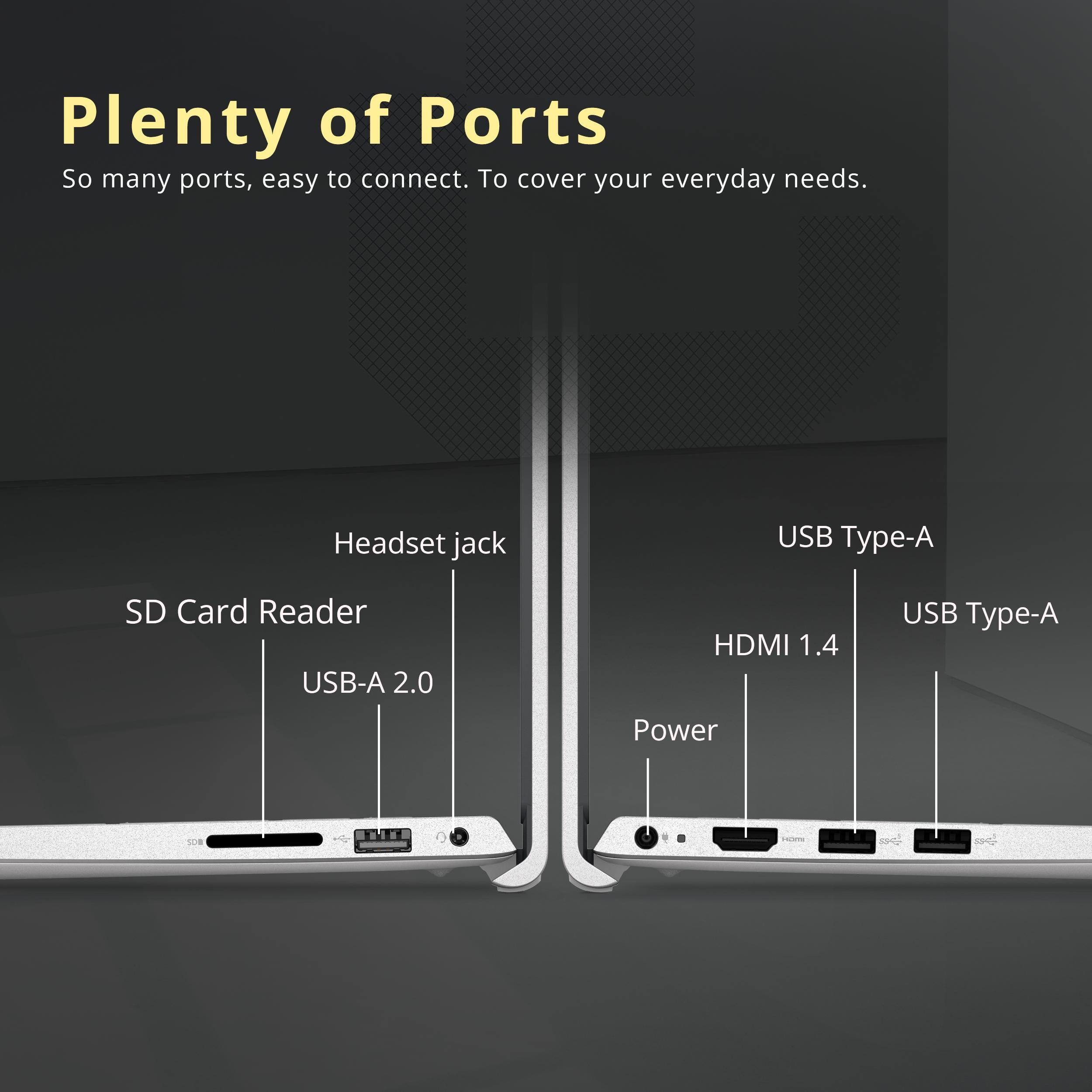 Plenty of Ports

So many ports, easy to connect. To cover your everyday needs.

- Headset jack
- SD Card Reader
- USB-A 2.0
- HDMI 1.4
- USB Type-A
- Power