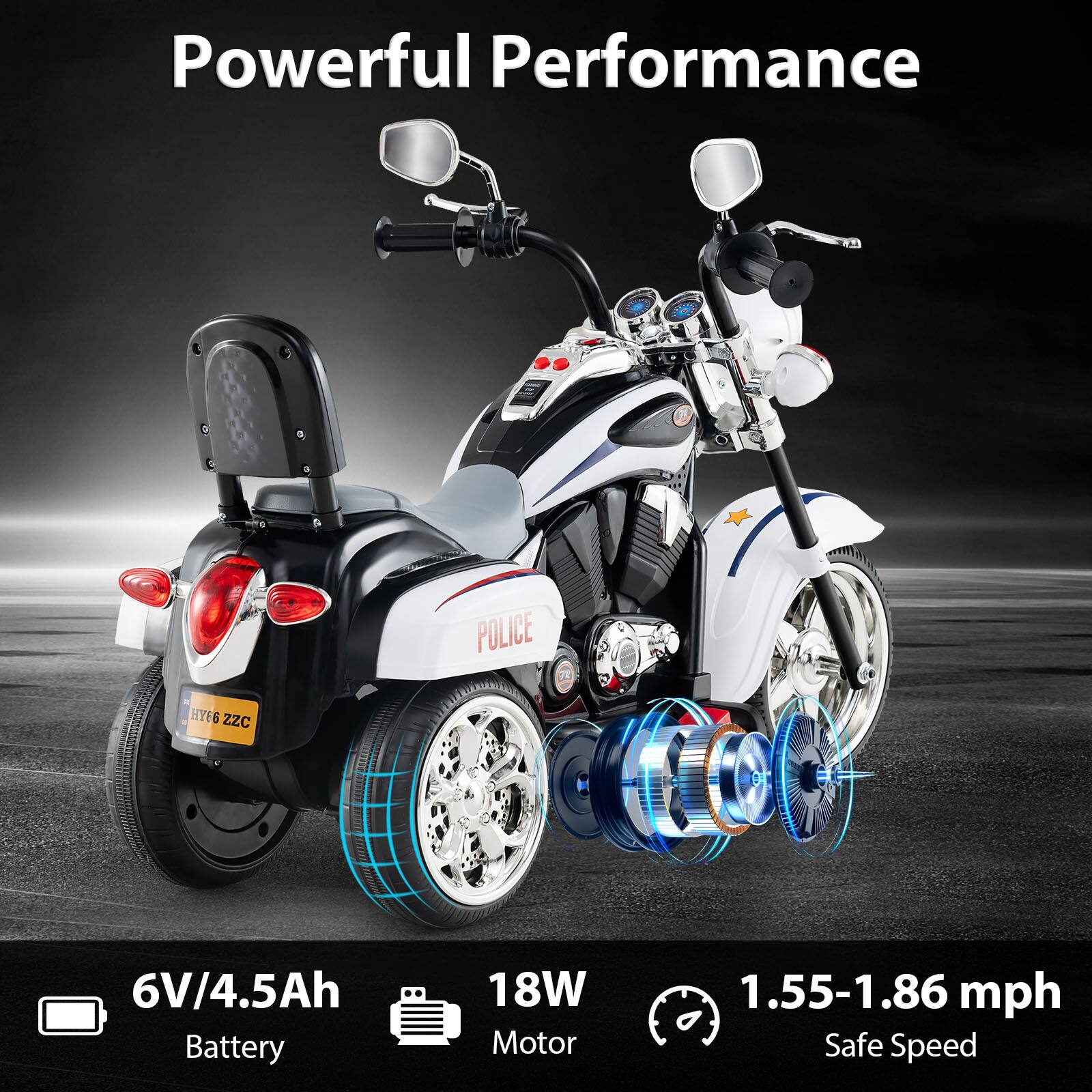 Powerful Performance

6V/4.5Ah Battery  
18W Motor  
1.55-1.86 mph Safe Speed