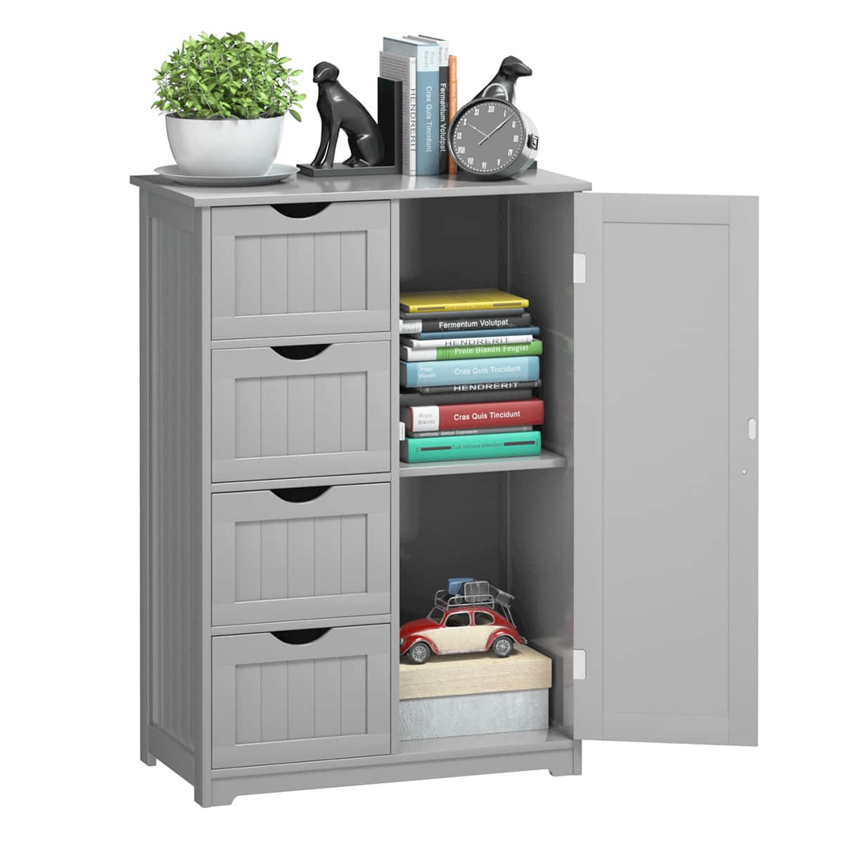 Costway - Bathroom Storage Wooden 4 Drawer Cabinet Cupboard 2 Shelves Free Standing - Gray