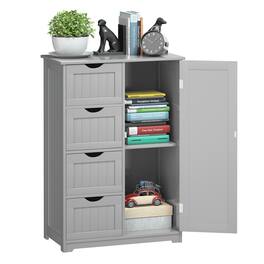 Costway - Bathroom Storage Wooden 4 Drawer Cabinet Cupboard 2 Shelves Free Standing - Gray