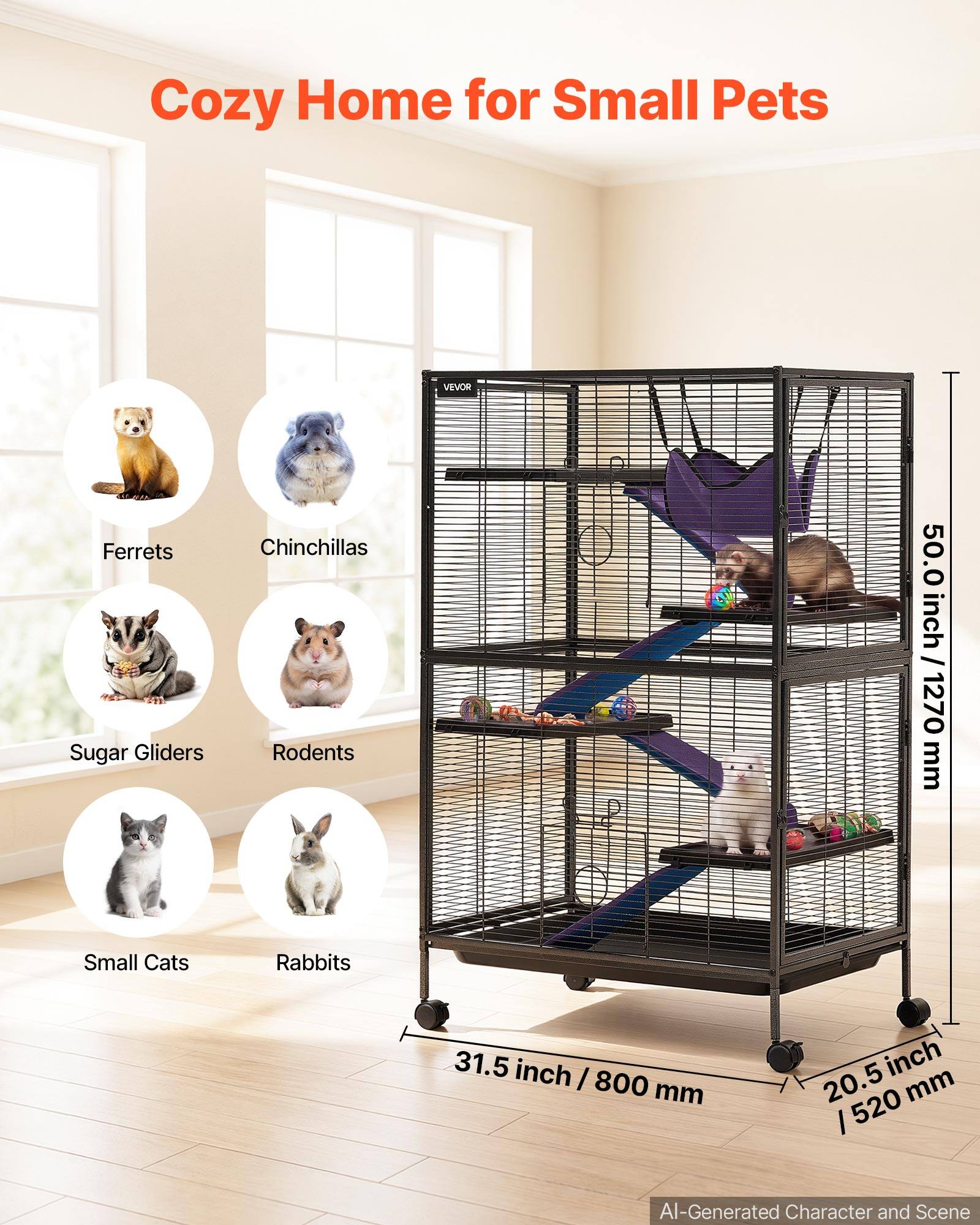 Cozy Home for Small Pets

VEVOR

Ferrets Sugar Gliders
Chinchillas Rodents
50.0 inch / 1270 mm
Small Cats
Rabbits
31.5 inch / 800 mm
20.5 inch / 520 mm

AI-Generated Character and Scene