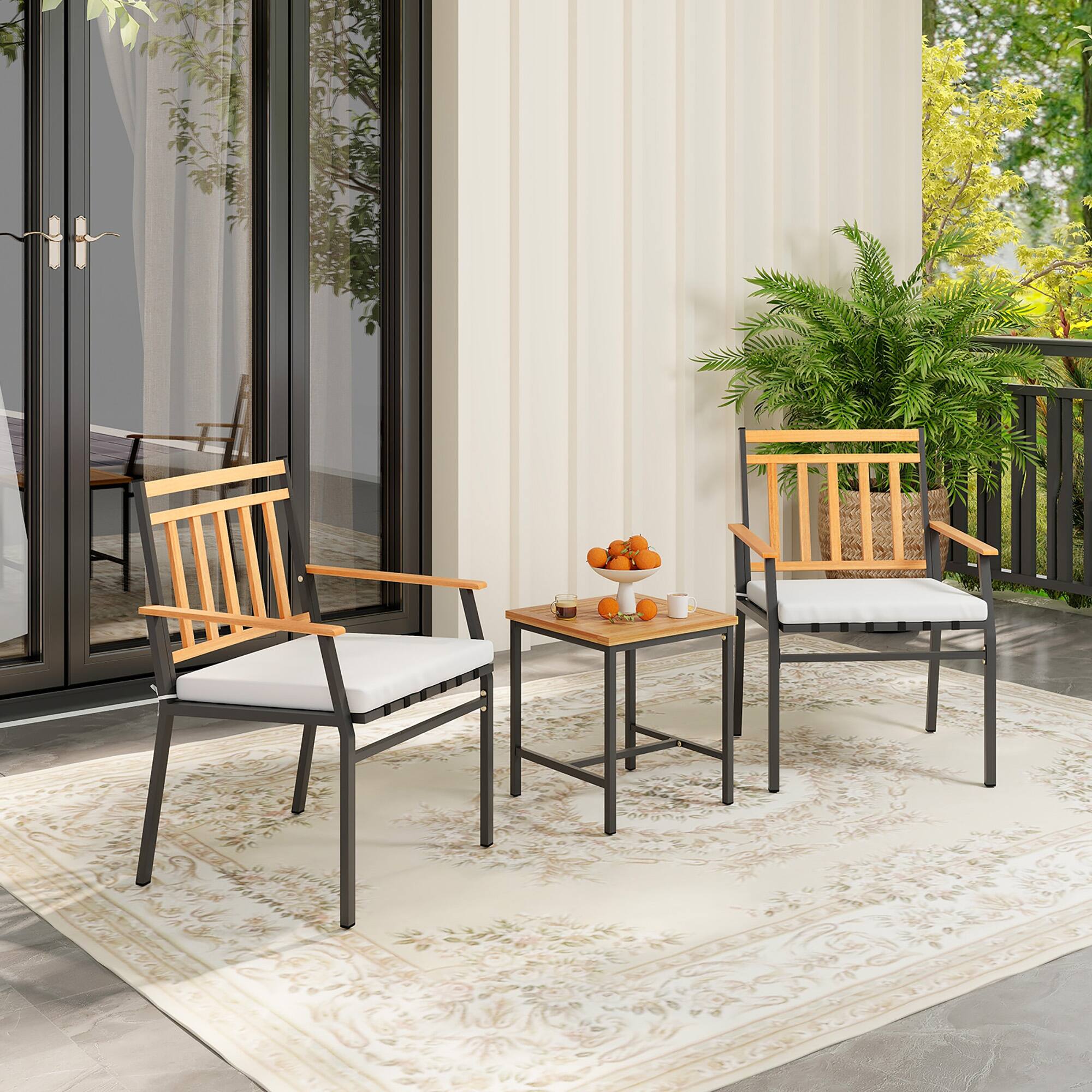 Alt View 4. Gymax - Gymax 3 PCS Acacia Wood Bistro Set Patio Conversation Set w/ Cushions and Coffee Table - Off White.