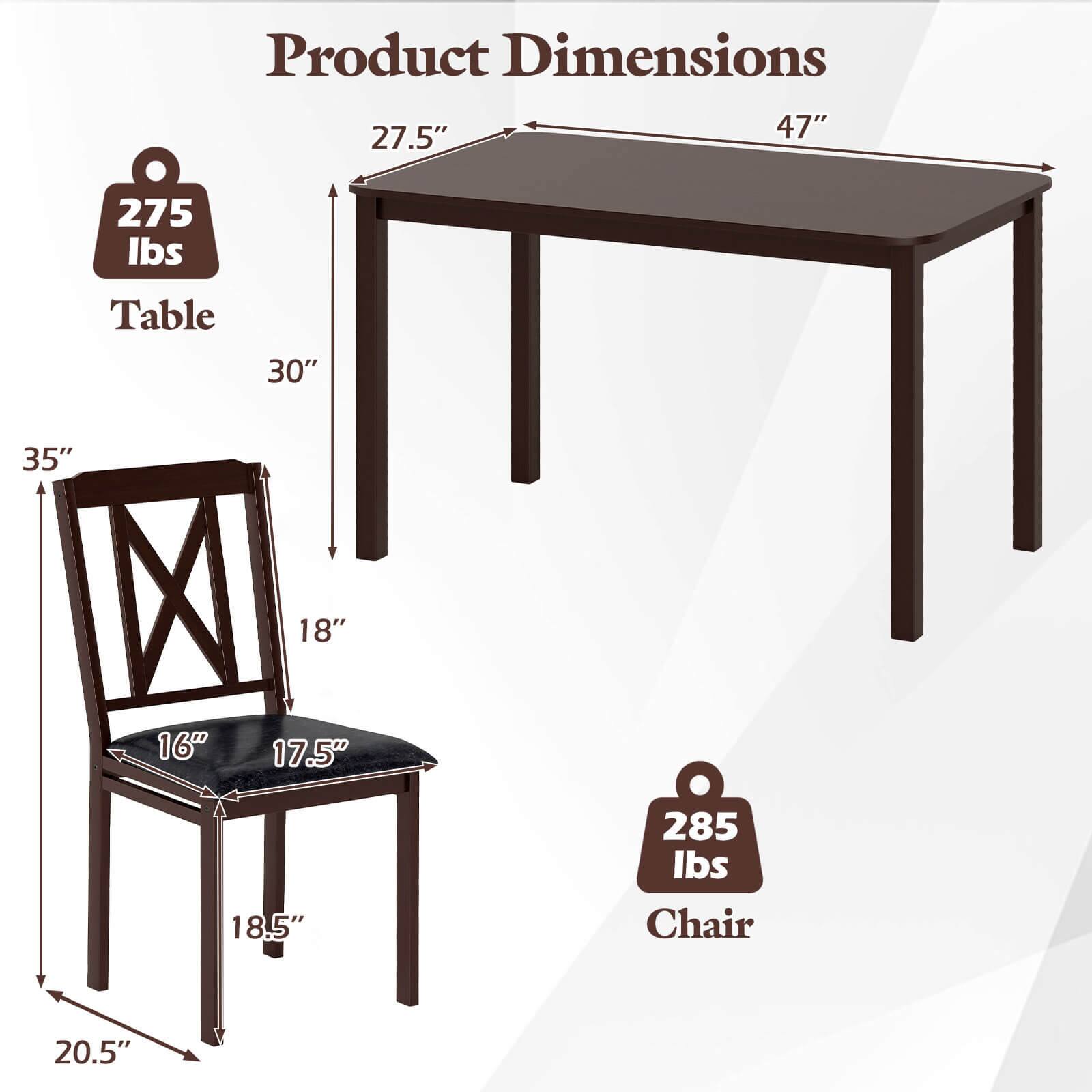 Product Dimensions

Table  
- Length: 47"  
- Width: 27.5"  
- Height: 30"  
- Weight Capacity: 275 lbs  

Chair  
- Height: 35"  
- Seat Height: 18"  
- Seat Depth: 17.5"  
- Seat Width: 16"  
- Back Height: 18.5"  
- Overall Height: 20.5"  
- Weight Capacity: 285 lbs