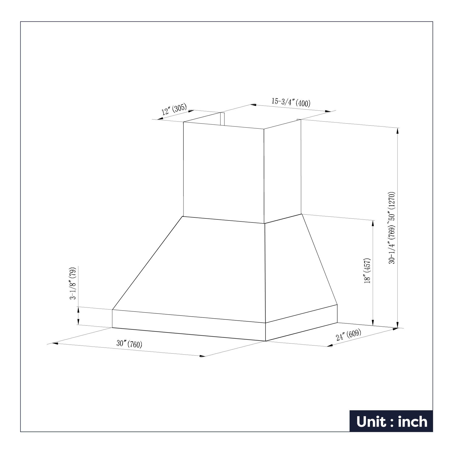 12" (305)  
15-3/4" (400)  
3-1/8" (79)  
30-1/4" (760)  
18" (457)  
24" (609)  
30" (760)  
Unit: inch