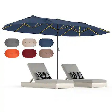 Front. Gymax - Gymax 15.5 FT Double-sided Patio Umbrella w/ Solar Lights Outdoor Twin Size Umbrella Navy - Navy.