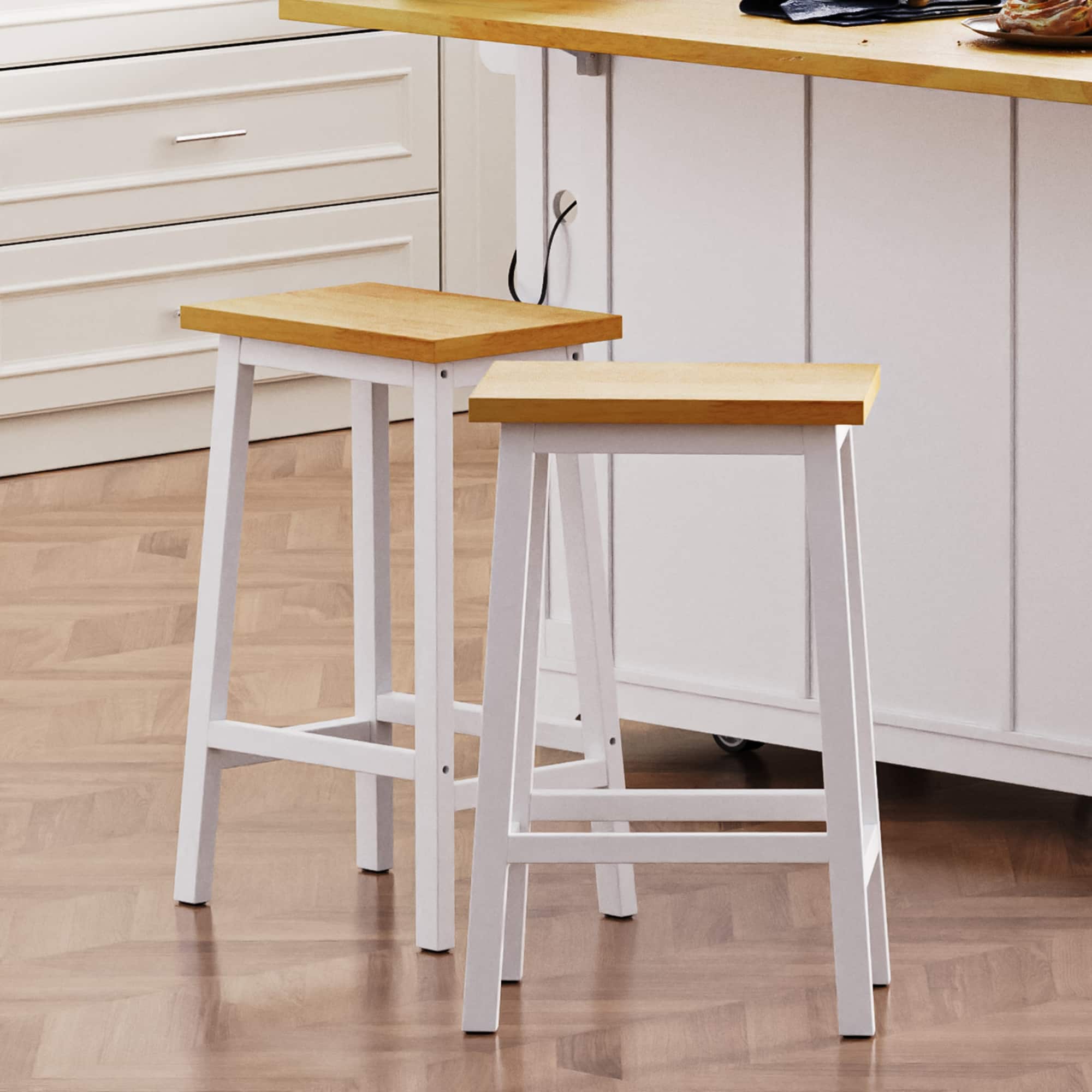 GOODSILO - Set of 2 Solid Wood Bar Stools with Footrests, Farmhouse Style Counter Height Stools - White