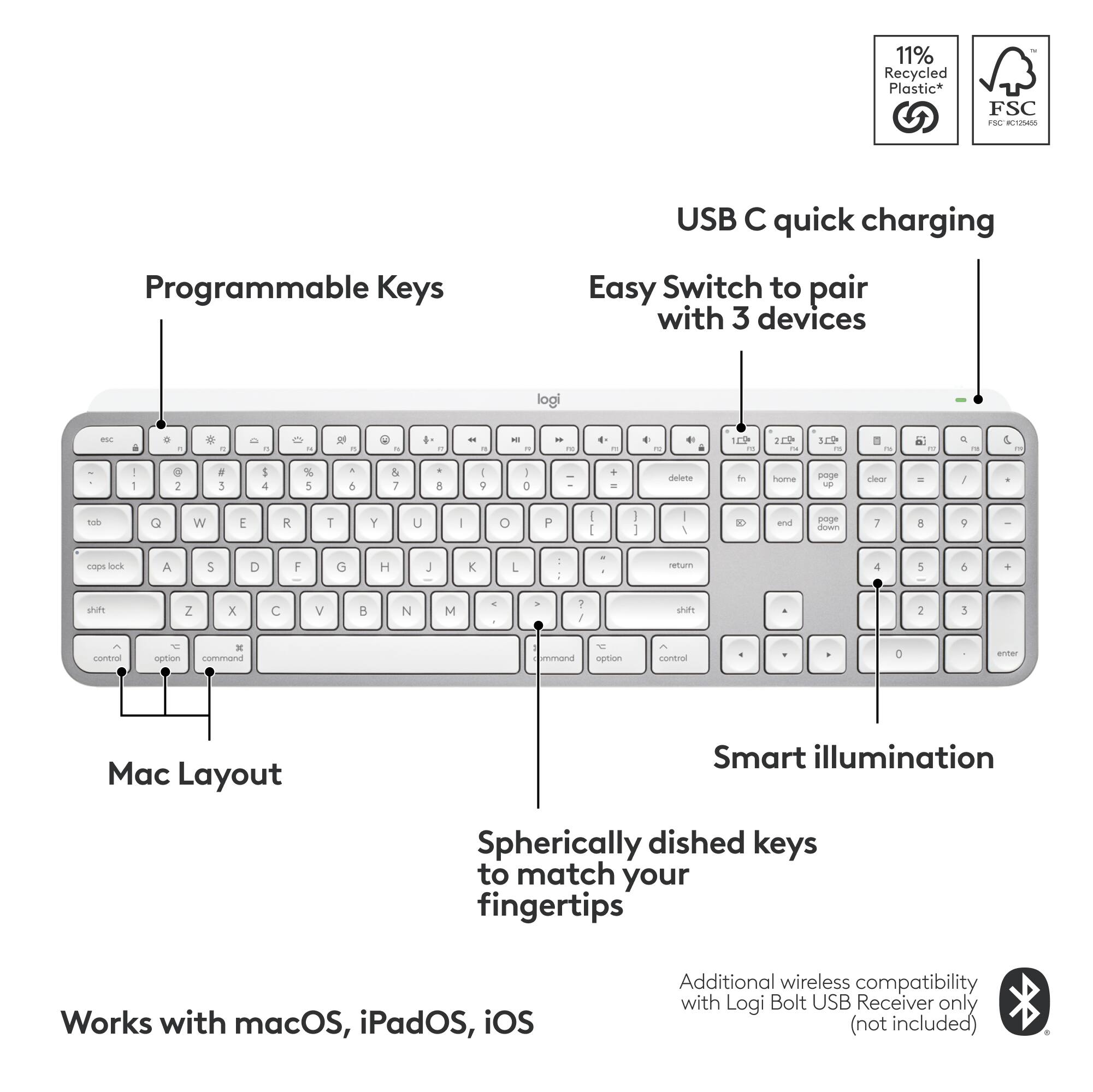 11% Recycled Plastic* FSC 1SC USB C quick charging Programmable Keys Easy Switch to pair with 3 devices logi - . . - - - .- - - - - 4- - . - e a - - . -. d - 9 - C . I - 2 , ! 1 1 % 5 . 6 & 7 - 8 - 9 o - . . Gelete de homa haue - rene - y d sob G W E R T Y U O P I I I I I 1 20 and roge druim 7 - ark A S D F O H J L - d etum 4 1 6 . si Z x C V a N M - - 1 1 - 2 3 control Y option x commona - immana df aoption a - o Mac Layout Smart illumination Spherically dished keys to match your fingertips Works with macOS, iPadOS, iOS Additional wireless compatibility with Logi Bolt USB Receiver only (not included)