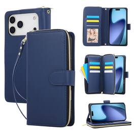 Dteck - Crossbody Wallet Case for Apple iPhone 17 Pro, Shockproof Zipper Pocket PU Leather Folio Cover with 9 Card Slots - Blue