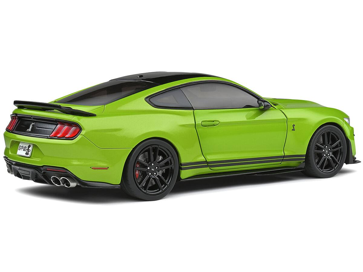Alt View 1. Solido - 2020 Ford Mustang Shelby GT500 Grabber Lime Green Metallic with Black Top and Stripes 1/18 Diecast Model Car by Solido - Green Metallic With Black.