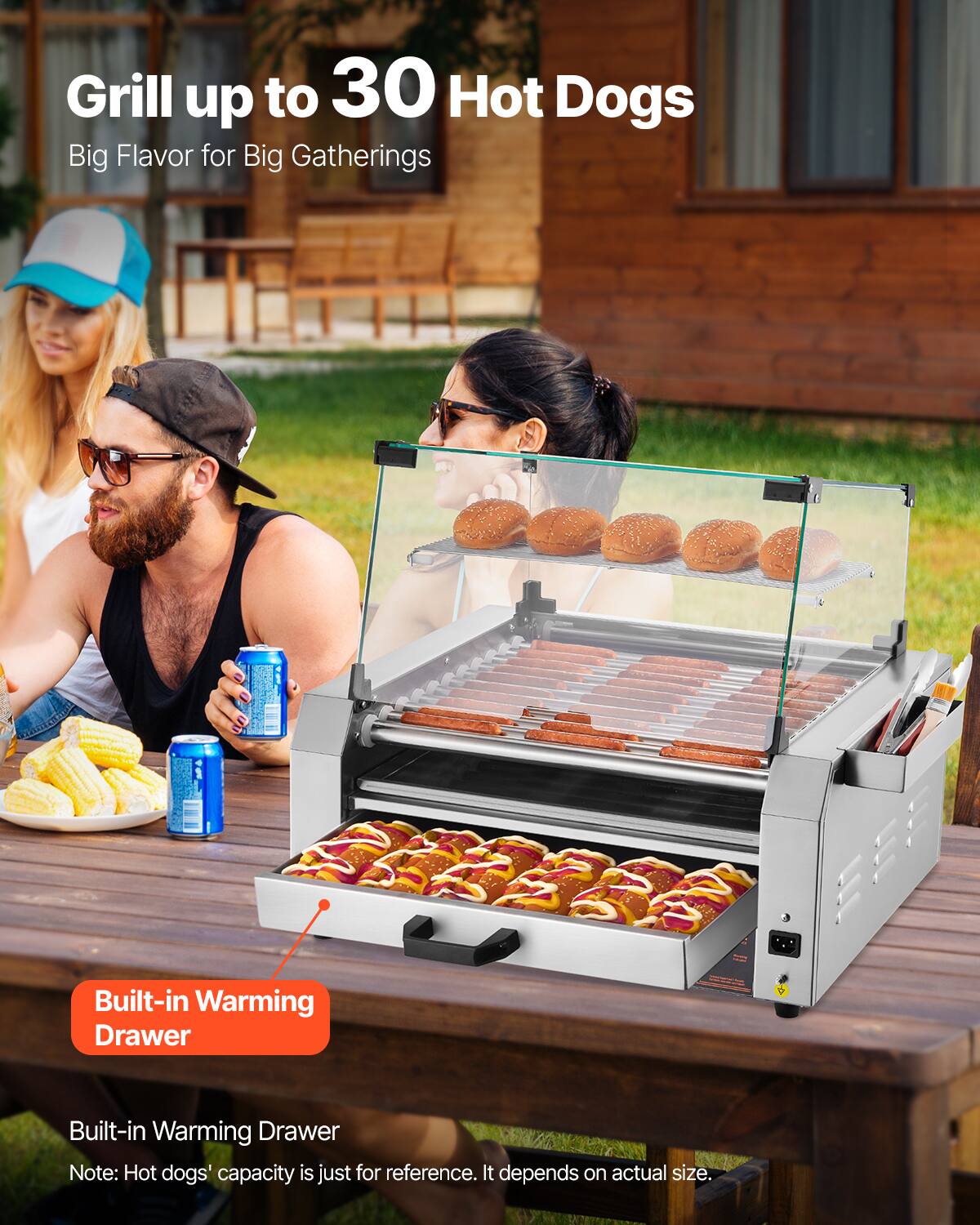 Grill up to 30 Hot Dogs  
Big Flavor for Big Gatherings

Built-in Warming Drawer  
Note: Hot dogs' capacity is just for reference. It depends on actual size.