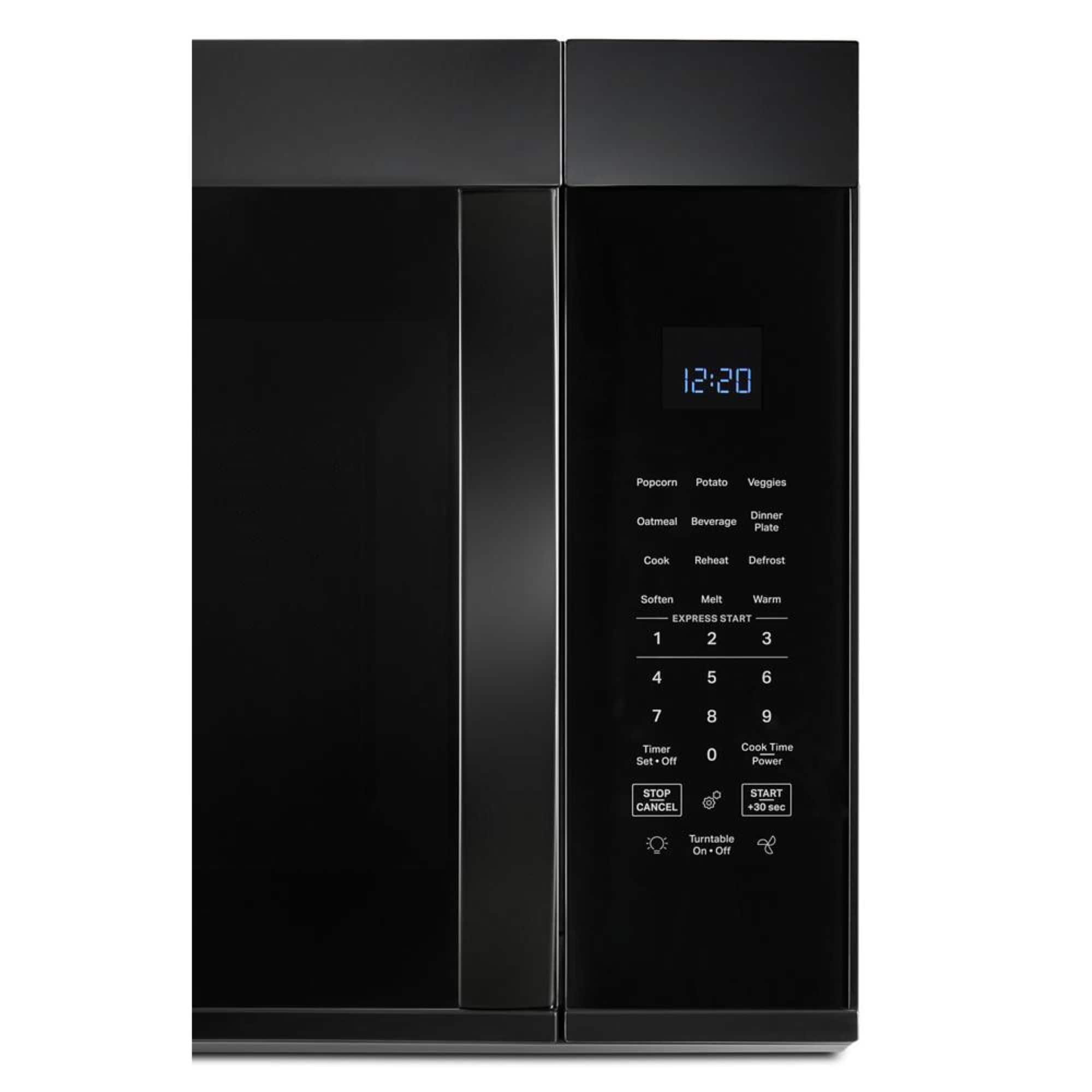 The image features a black microwave with a digital display showing the time as 12:20. The microwave has a variety of buttons, including options for cooking, reheating, defrosting, and softening. There are also buttons for selecting the type of food being cooked, such as corn, potatoes, and vegetables. The microwave also has a timer and a power button, as well as a button to cancel or stop the cooking process. Additionally, there is a button to turn on or off the turntable, which helps to evenly distribute heat during the cooking process.