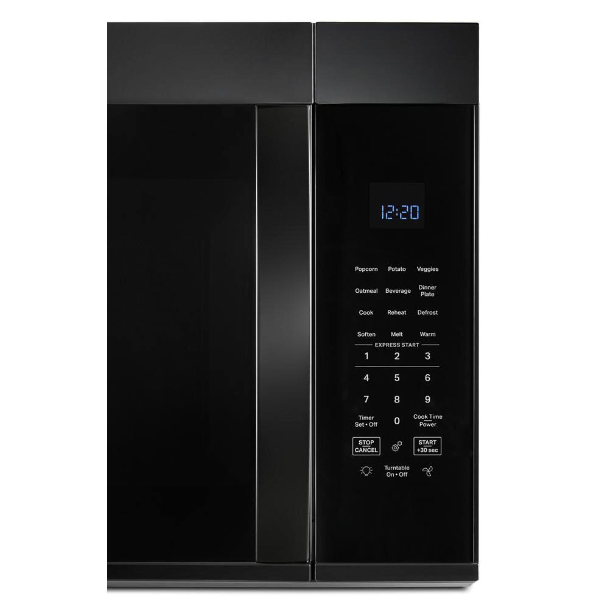 The image features a black microwave with a digital display showing the time as 12:20. The microwave has a variety of buttons, including options for cooking, reheating, defrosting, and softening. There are also buttons for selecting the type of food being cooked, such as corn, potatoes, and vegetables. The microwave also has a timer and a power button, as well as a button to cancel or stop the cooking process. Additionally, there is a button to turn on or off the turntable, which helps to evenly distribute heat during the cooking process.