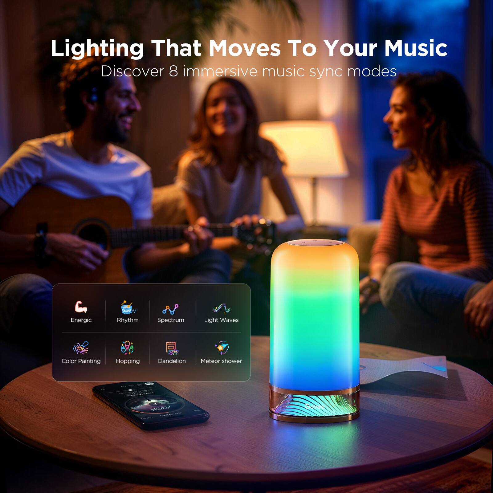 Lighting That Moves To Your Music  
Discover 8 immersive music sync modes  

Energetic  
Rhythm  
Spectrum  
Light Waves  
Color Painting  
Hopping  
Dandelion  
Meteor shower